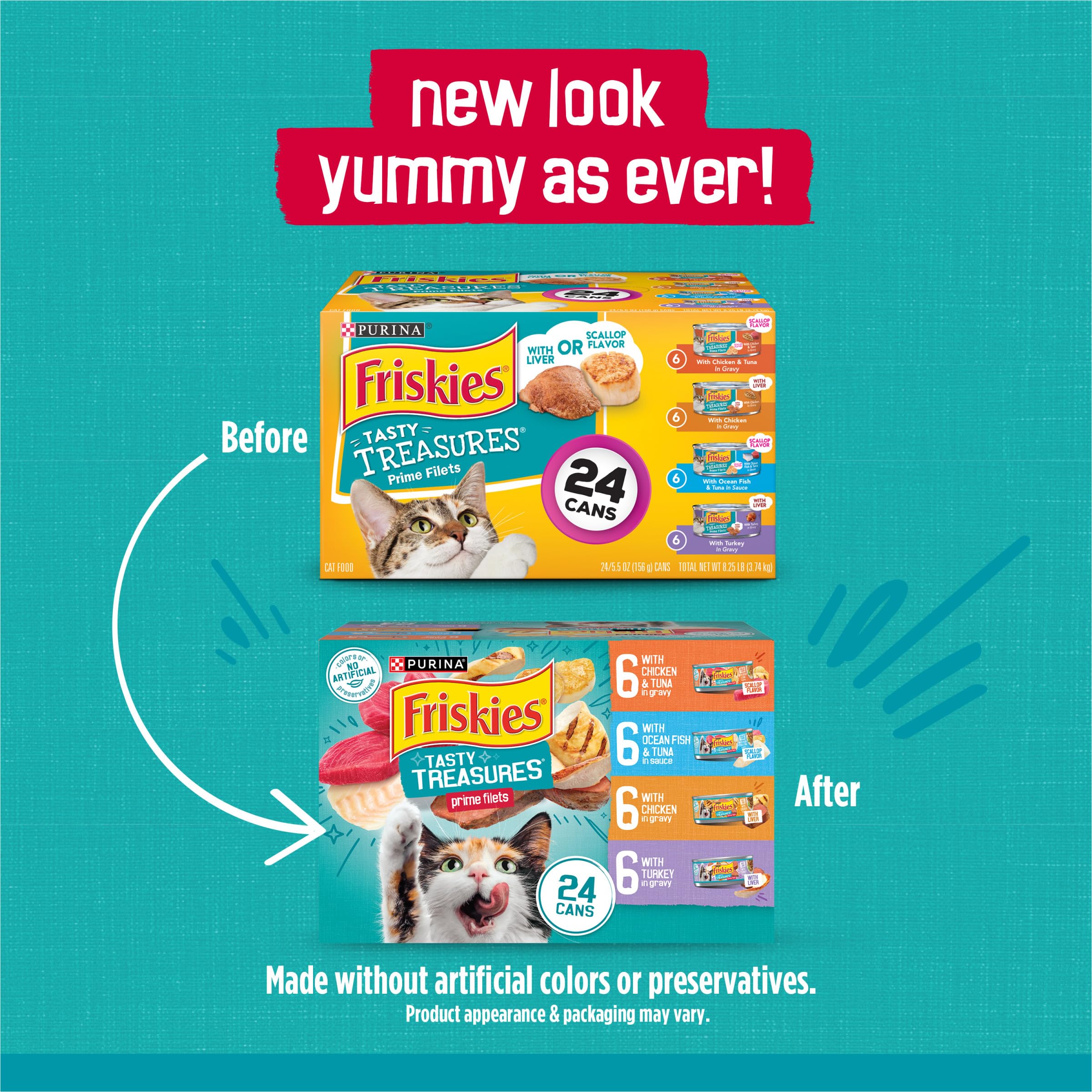 Purina Friskies Wet Cat Food Variety Pack, Tasty Treasures Prime Filets (With Chicken and Tuna, With Chicken, and With Ocean Fis