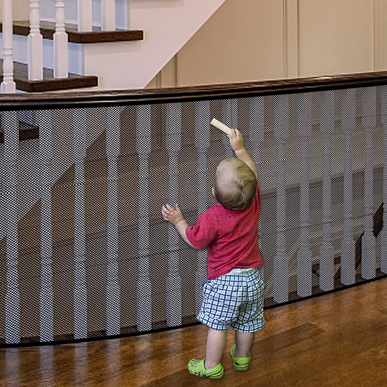 JIFTOK 2 Sets Baby Gate for Stairs, Banister Guard for Kids, Pets, Toys, 2 Set 18 ft x 2.6 ft Mesh Netting Safety Net for Balcon