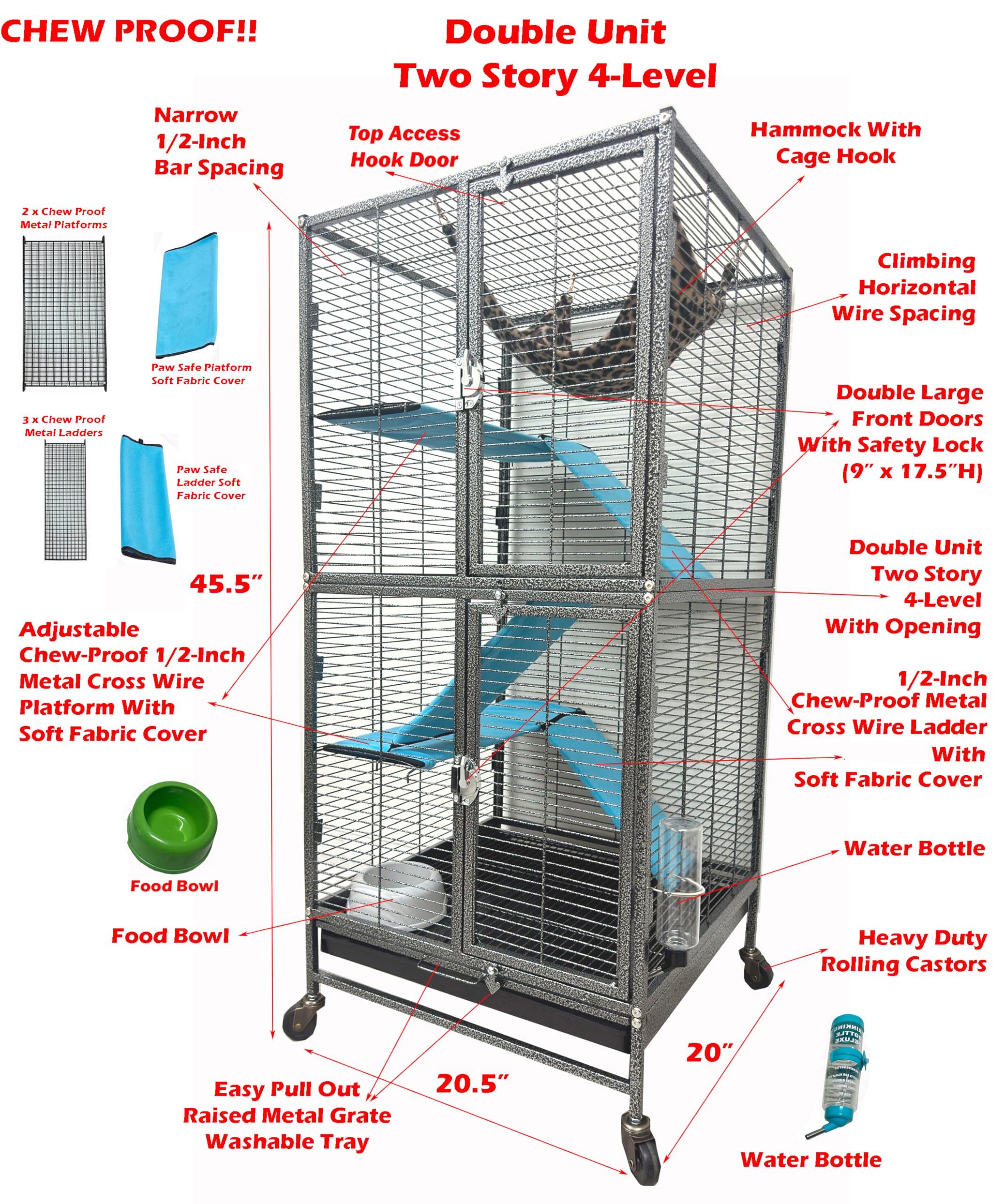 Deluxe Two Full Story Double Unit 4-Tiers Chew-Proof Tight 1/2-Inch Bar Spacing Double Durable Front Doors Feisty Ferret Hammock