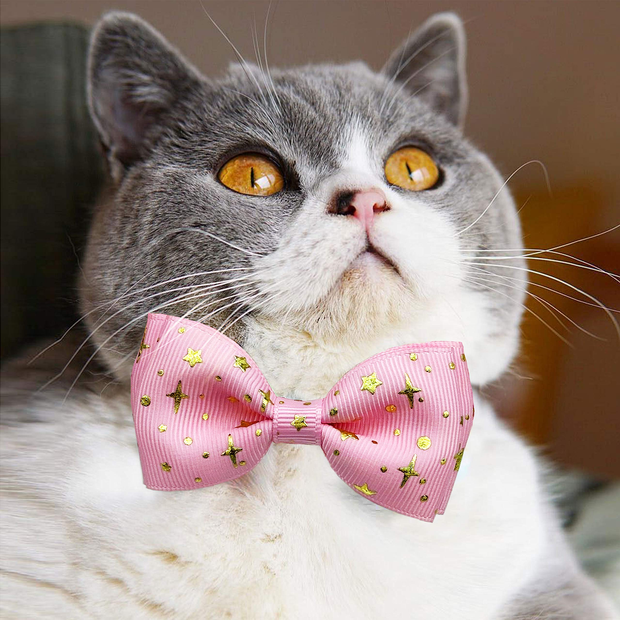 2 Pack Cat Collar With Bow Tie And Bell, Kitty Kitten Starshine Collar Breakaway Collar For Males Females Boys And Girls Cats (Pink+Black)