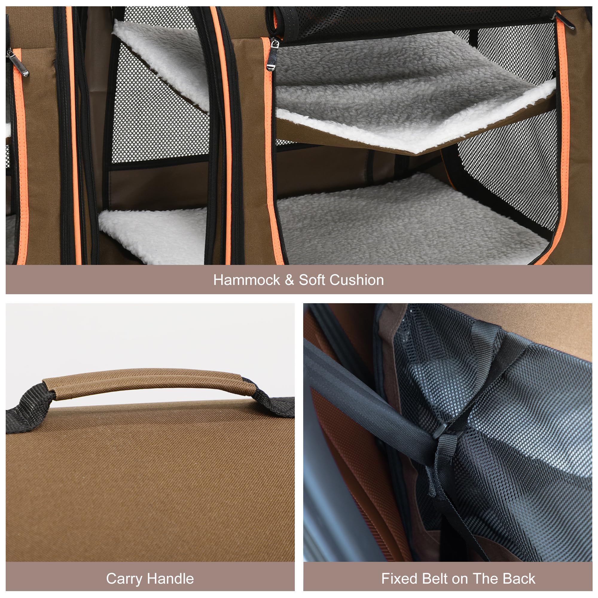 Pawhut 39' Portable Soft-Sided Cat Carrier, Travel Pet Carrier With Divider, Two Compartments, Soft Cushions, & Storage Bag, Brown