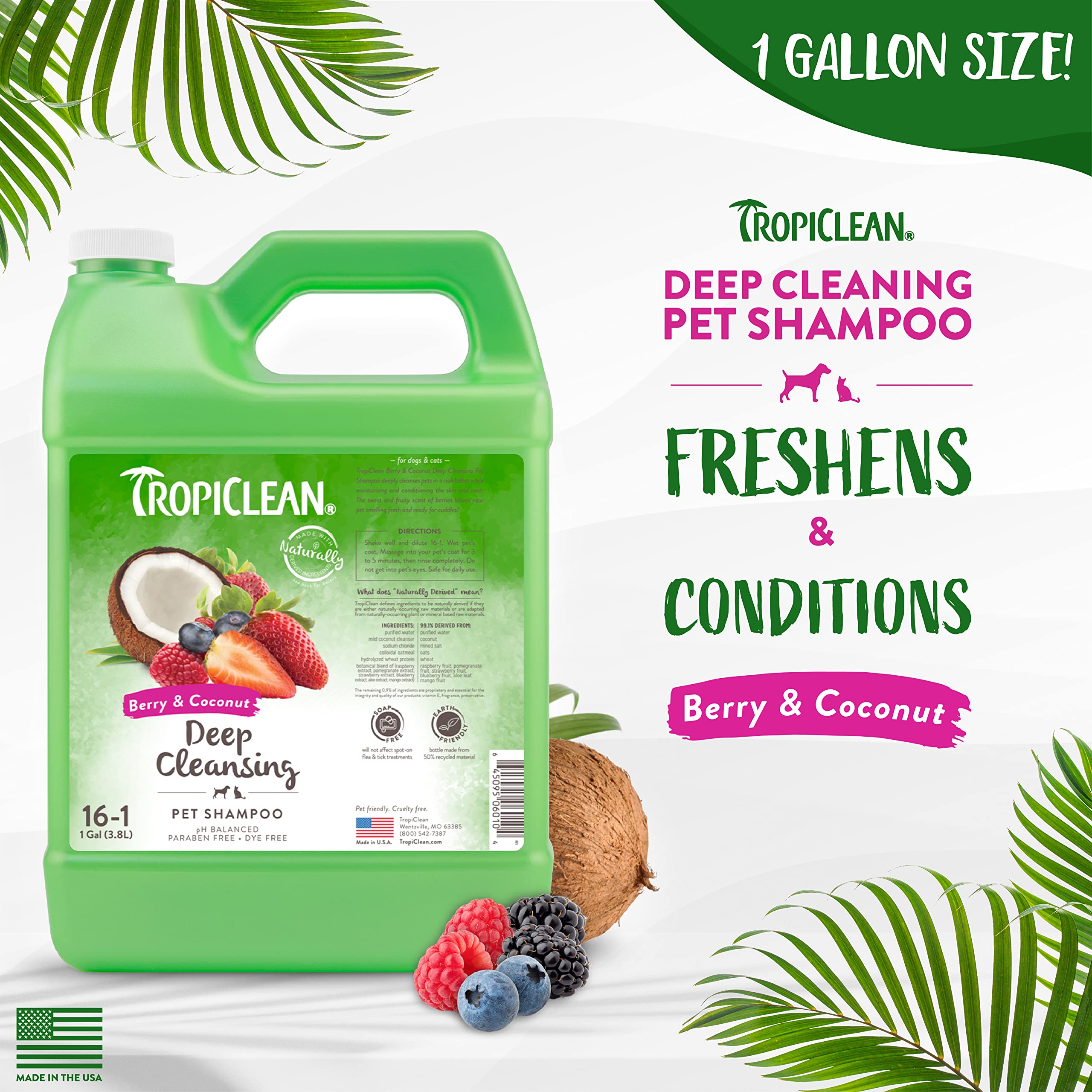 Tropiclean Deodorizing Dog Shampoo For Smelly Pets, Cat, Puppy & Kitten Safe, Long Lasting Odor Control, Berry Scent, Made In The Usa, 1 Gallon