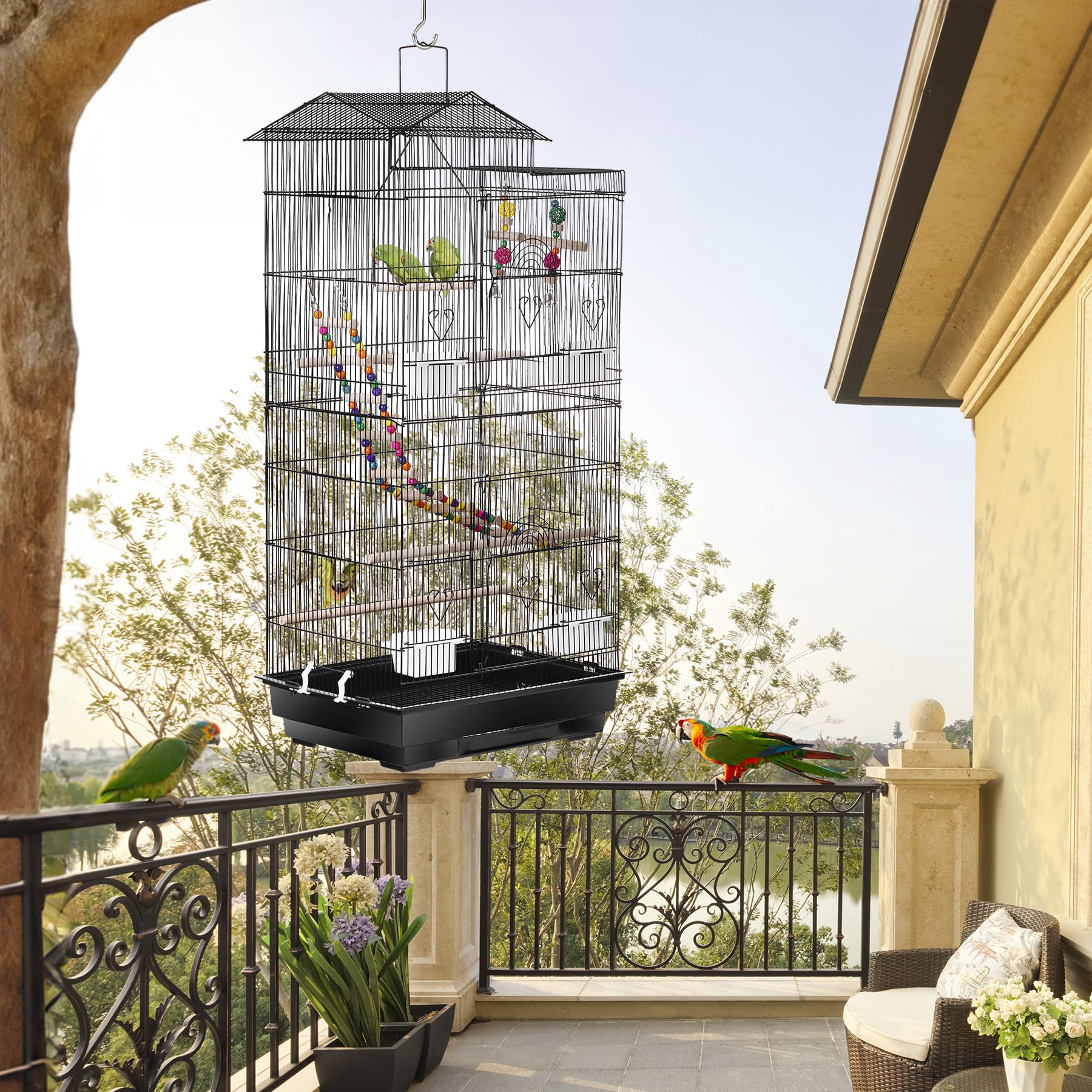 39-Inch Roof Top Bird Cage Large Flight Parrot Cage w/Toys for Small Quaker Cockatiel Sun Conure Parakeet Finch Green Cheek Conu