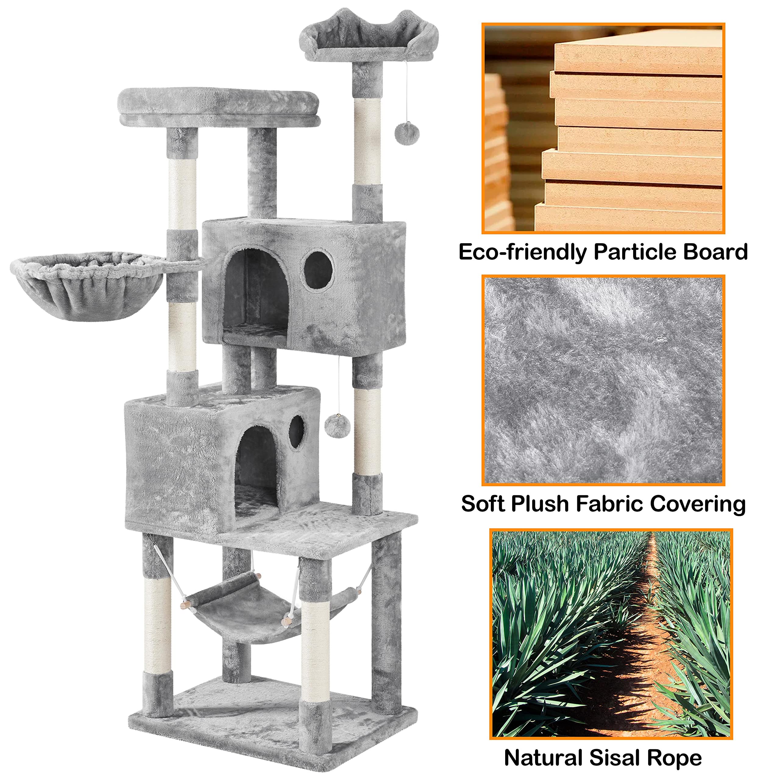 Yaheetech 73In Cat Tree Tower For Indoor Cats, Multi-Level Cat Activity Center With Scratching Posts Large Cat Condo With Funny Hammock For Kittens, Light Gray