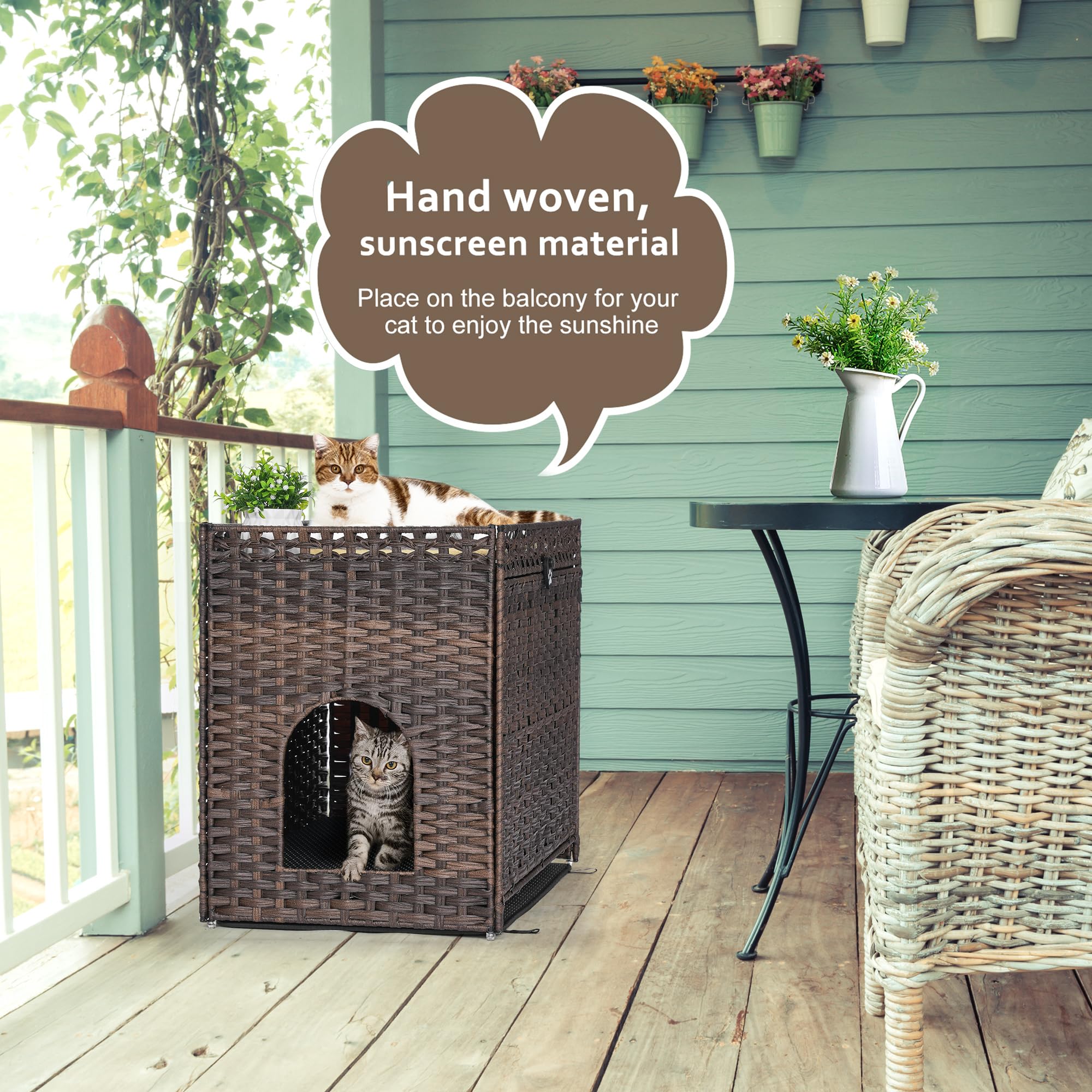 Cat Litter Box Enclosure With Soft Litter Mat; Hidden Cat Washroom Furniture With Door; Handwoven Rattan Cat House With Large Sp