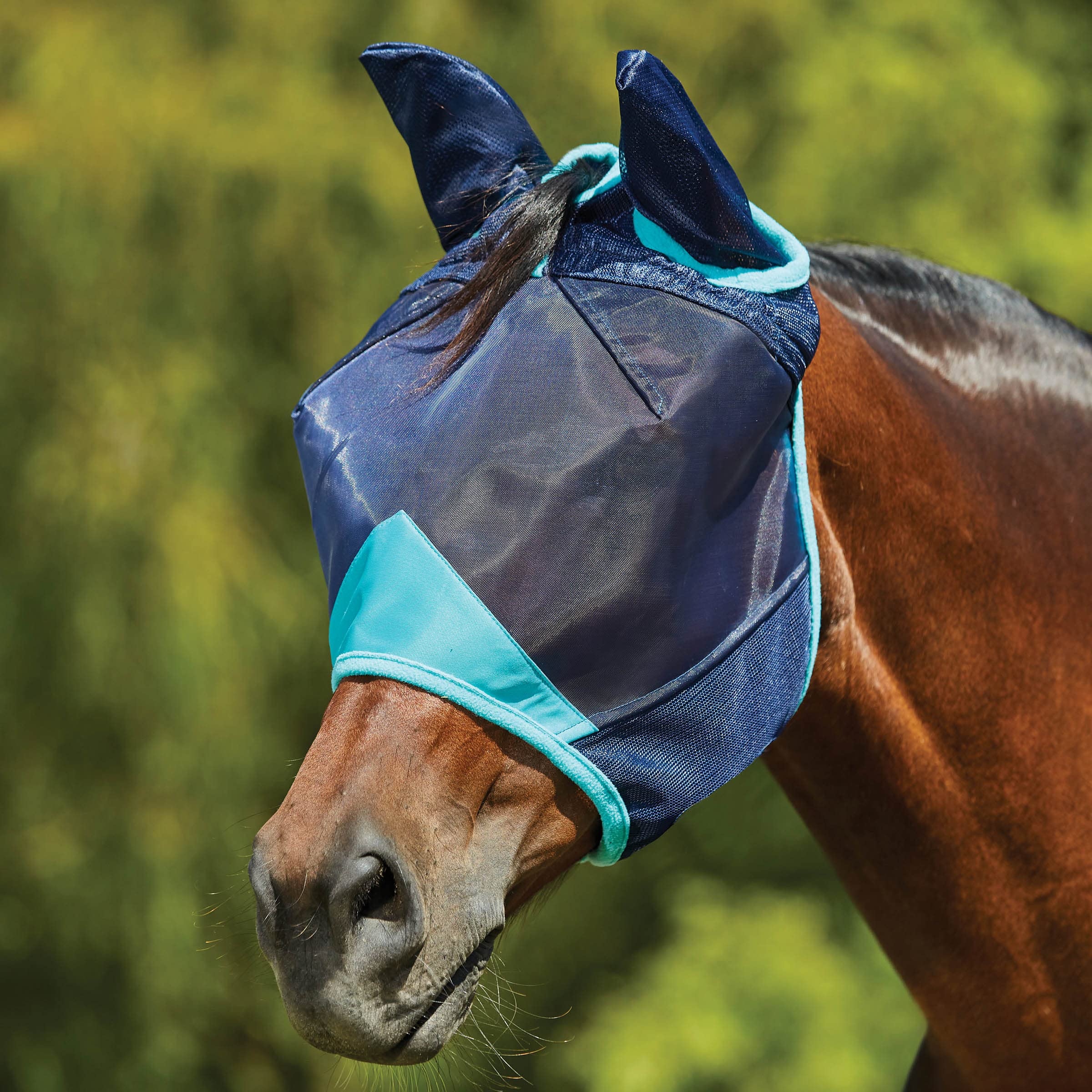 WeatherBeeta ComFiTec Deluxe Fine Mesh Mask with Ears, Navy/Turquoise, Pony