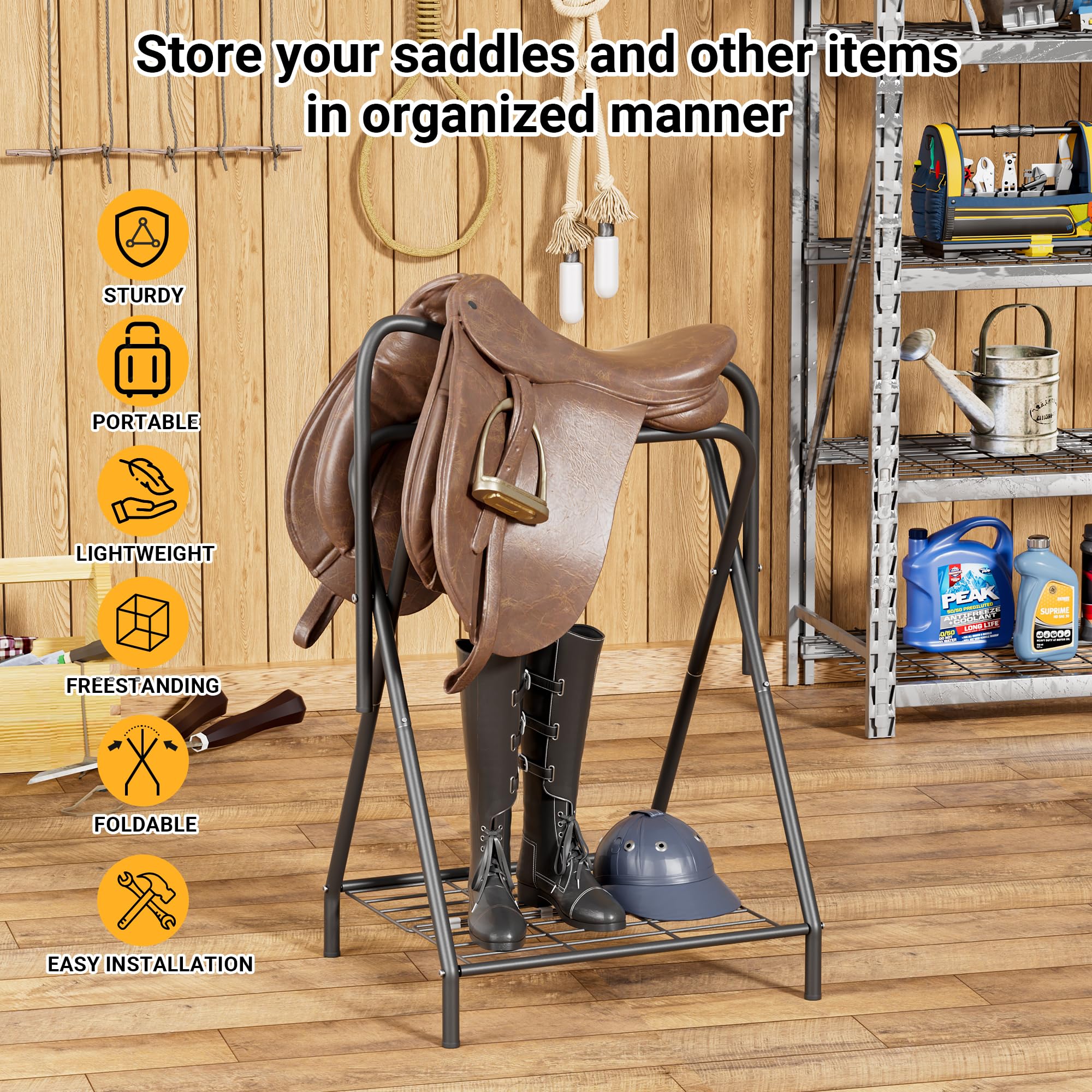 Dunatou Saddle Rack Freestanding Saddle Stand Foldable Horse Saddle Storage Rack Full Size Saddle Pad Rack Horse Blanket Holder