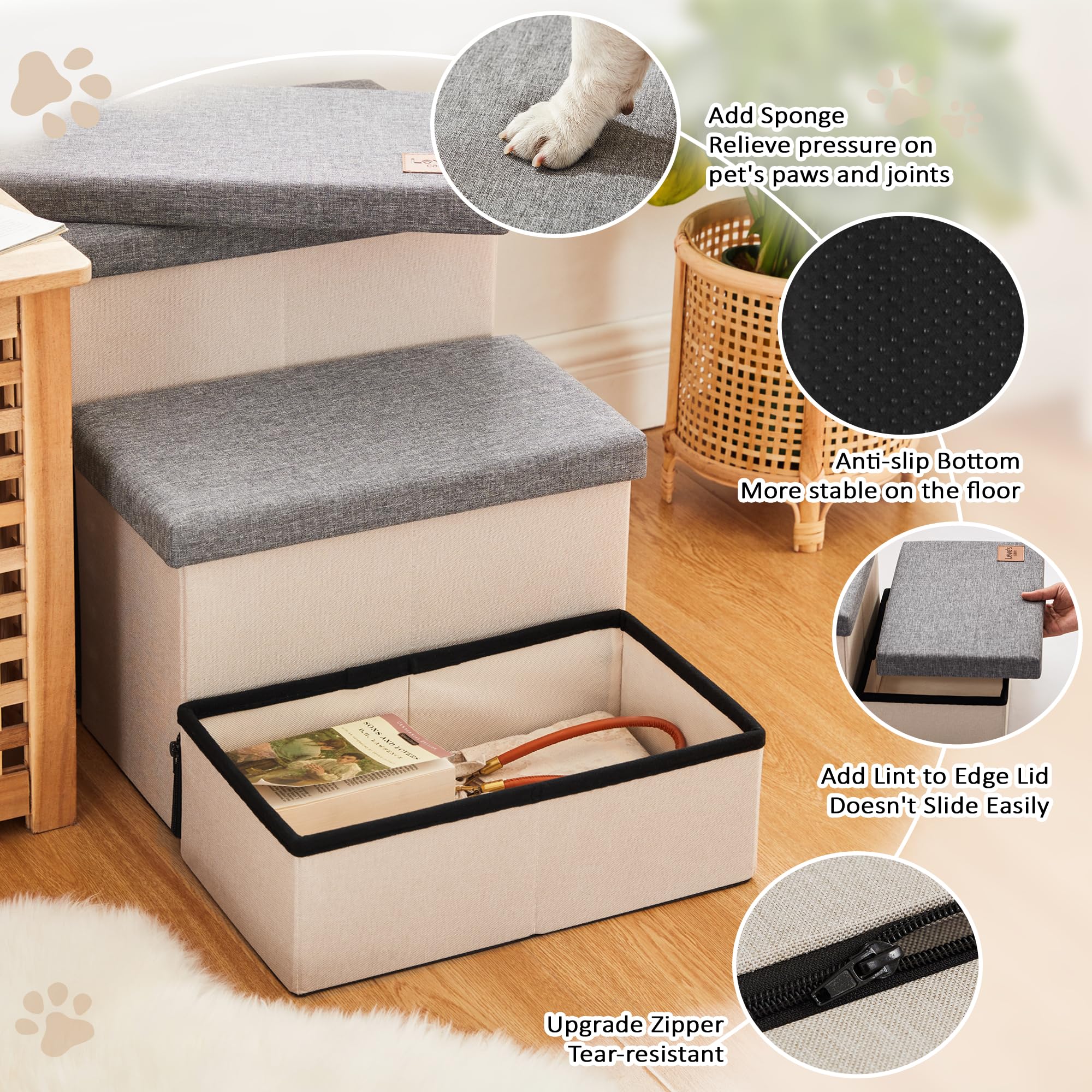 Love'S Cabin Dog Stairs For High Bed 18'H,Foldable Pet Stairs For Small Medium Or Large Dogs Puppy With Storage For Bed Or Couch, Cat Dog Steps Ramp With Zip Up To 210 Lbs(Light Grey,3 Steps No Condo)