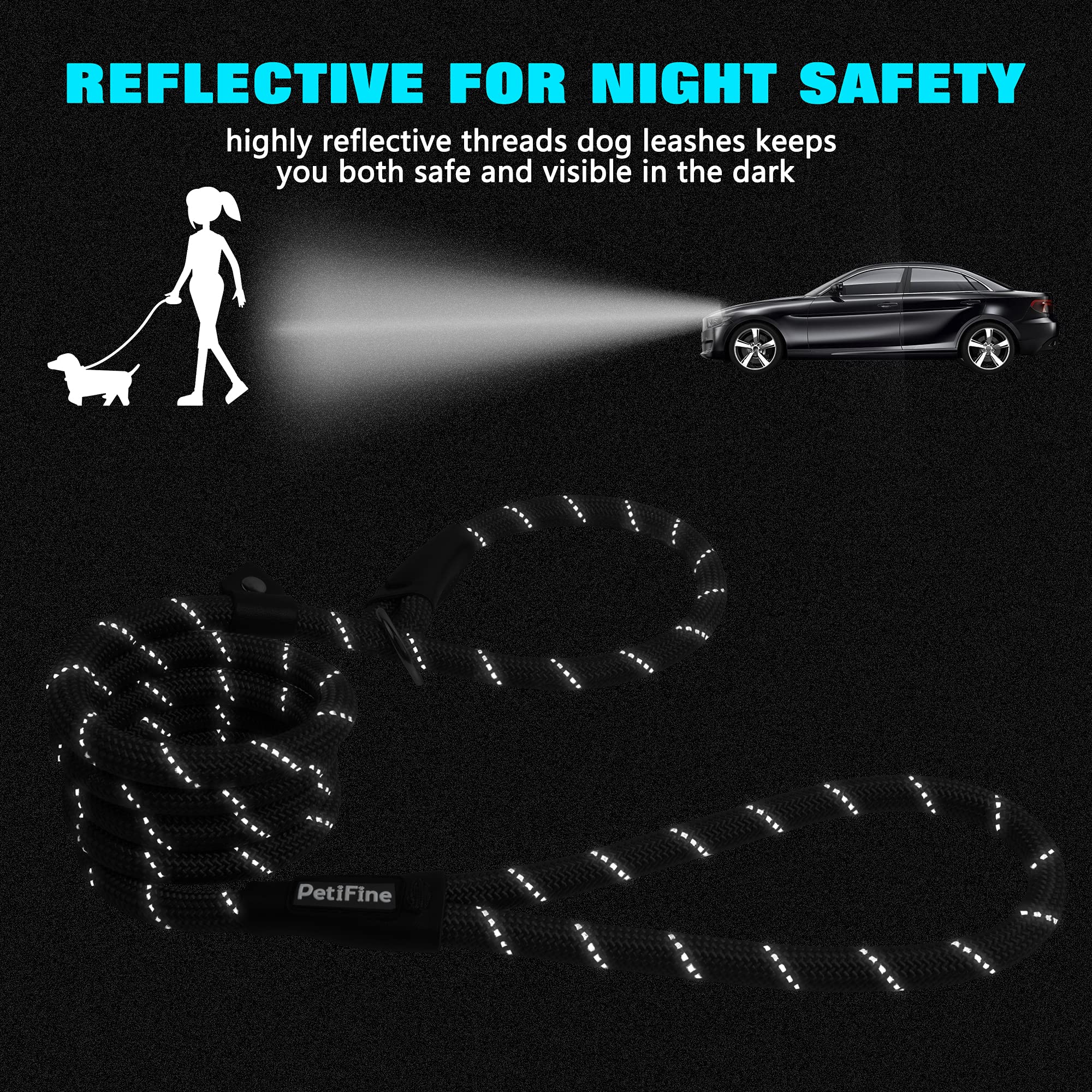 Petifine 6 Ft Slip Lead Dog Leash, Full Reflective Dog Training Leash, Heavy Duty Adjustable Pet Nylon Slip Rope Lead For Small Medium Large Dogs (3/8' -6 Ft, Black)