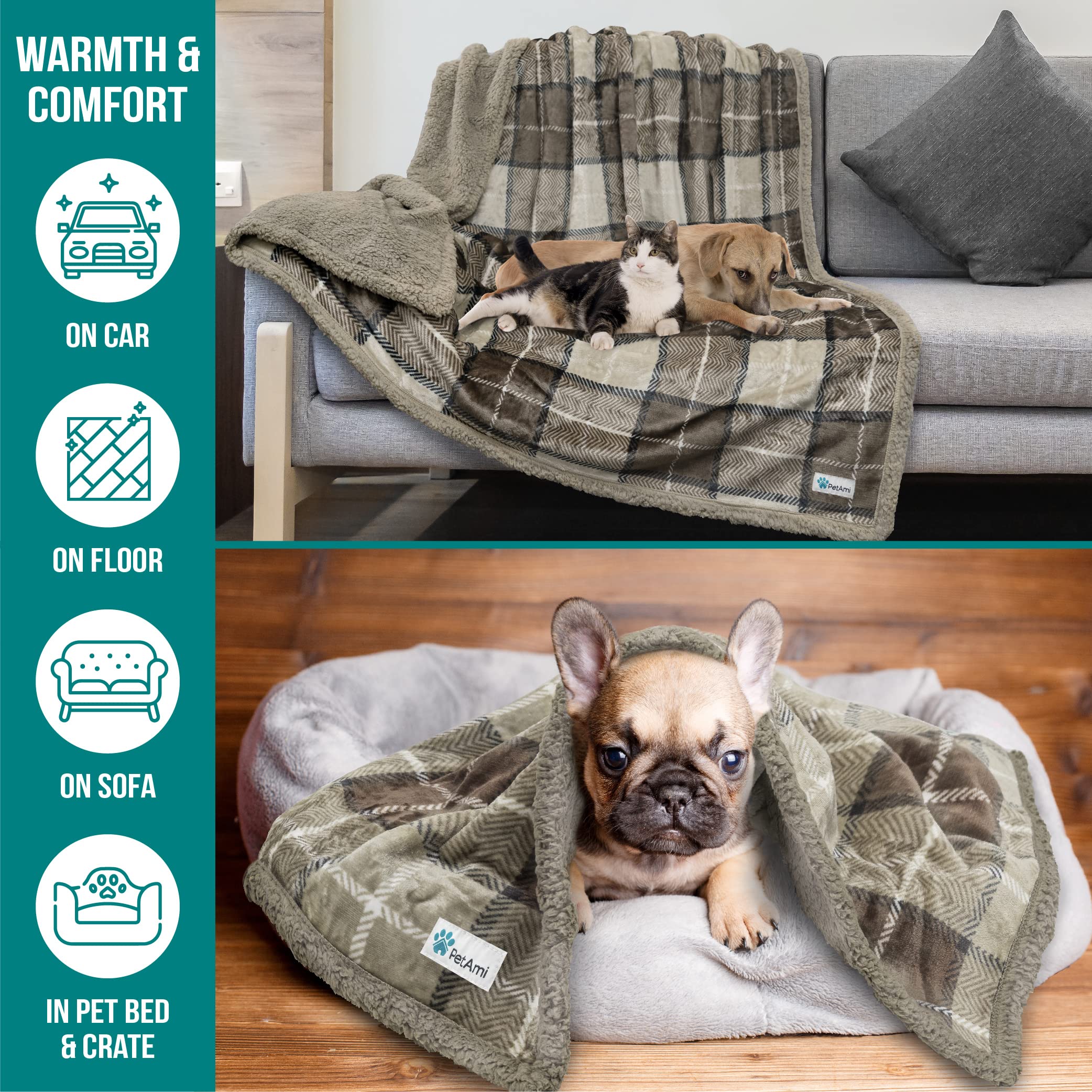 Petami Dog Blanket For Bed, Xl Pet Blanket Large Dogs, Fleece Furniture Couch Cover Protector Sofa Car Crate Kennel, Soft Sherpa Cat Throw Plush Reversible Washable, Twin 60X80 Plaid Taupe