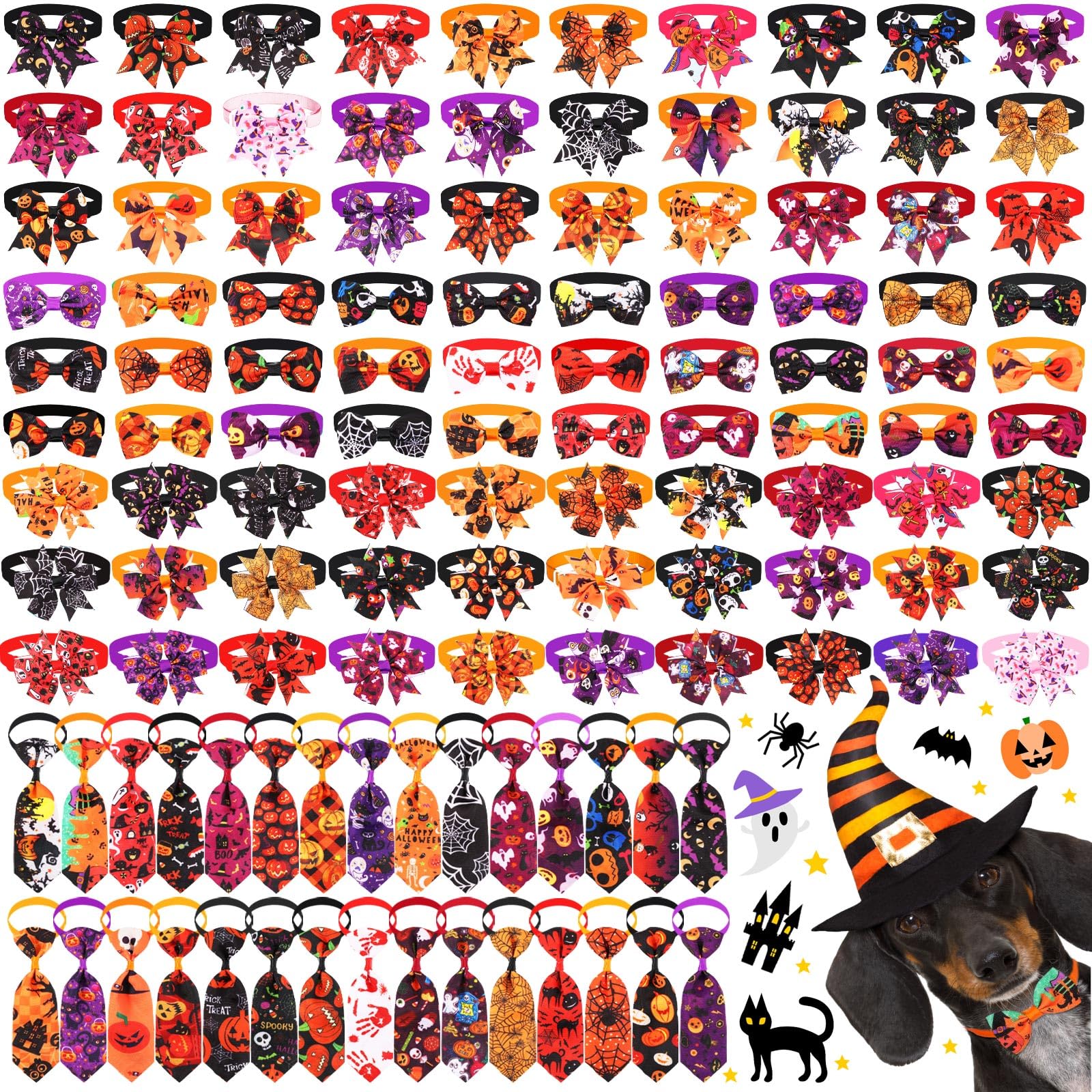 120 Pcs Halloween Dog Bow Tie Collar Set Includes 60 Pumpkin Dog Grooming Bowtie Bow Ties Pet Neckties Collar Holiday Accessorie