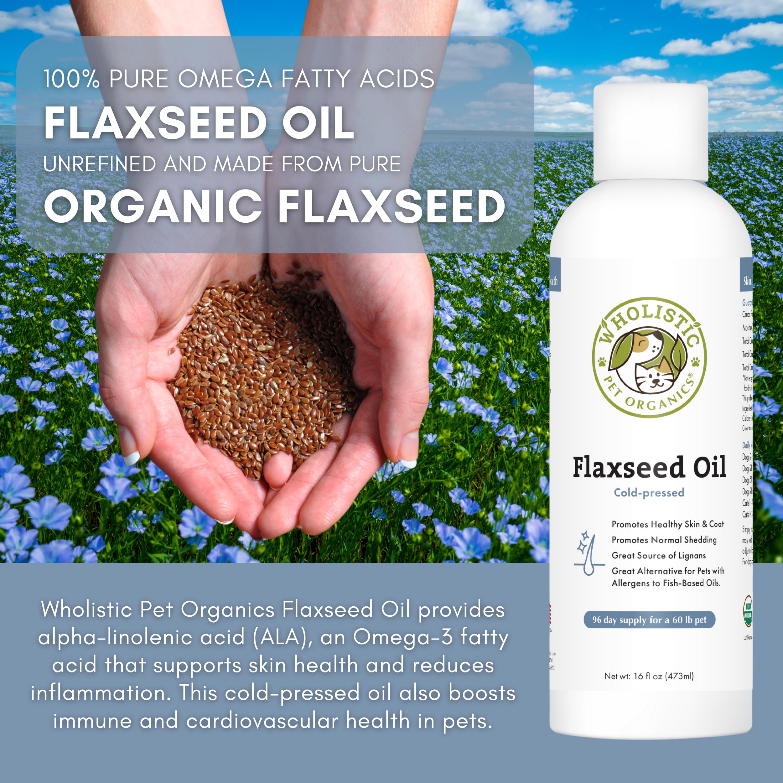 Wholistic Pet Organics Flaxseed Oil for Dogs - 16 Oz - Omega 3 Supplement for Dog Itchy Skin, Dry Skin Relief & Shedding - Skin