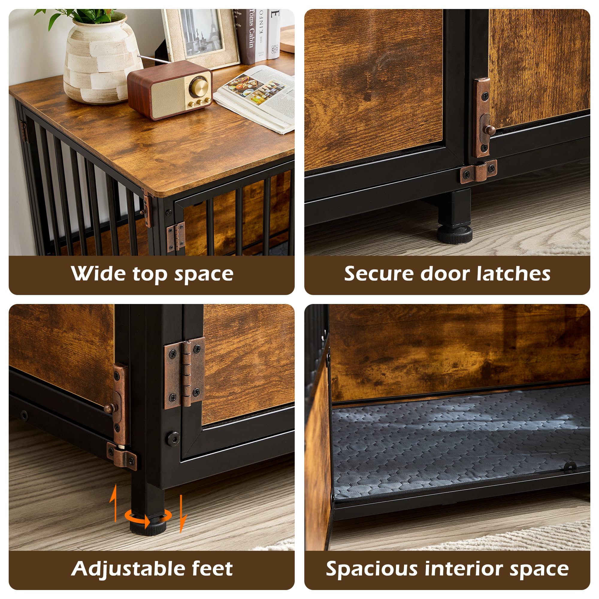 KOOPRO Wooden Dog Crate Furniture 43.7" with Cushion, Rustic Brown, Heavy Duty Indoor Kennel, Model KO240601-00XL-01