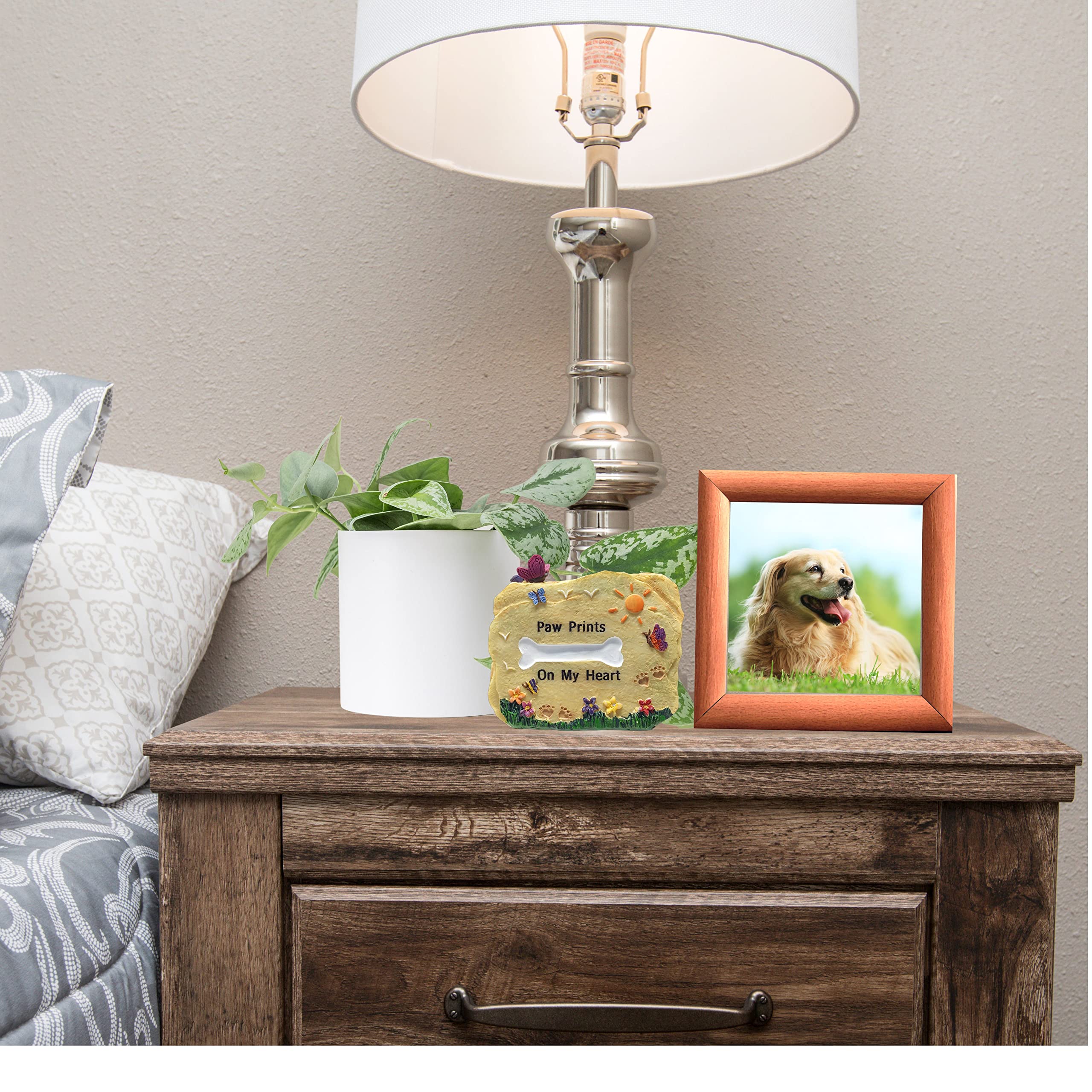 Banberry Designs Dog Memorial Stone - Paw Prints On My Heart Rock With Butterflies, Flowers, Sun - 3.25' W X 2.5' H X 1.5' D - Desktop Pet Remembrance Décor