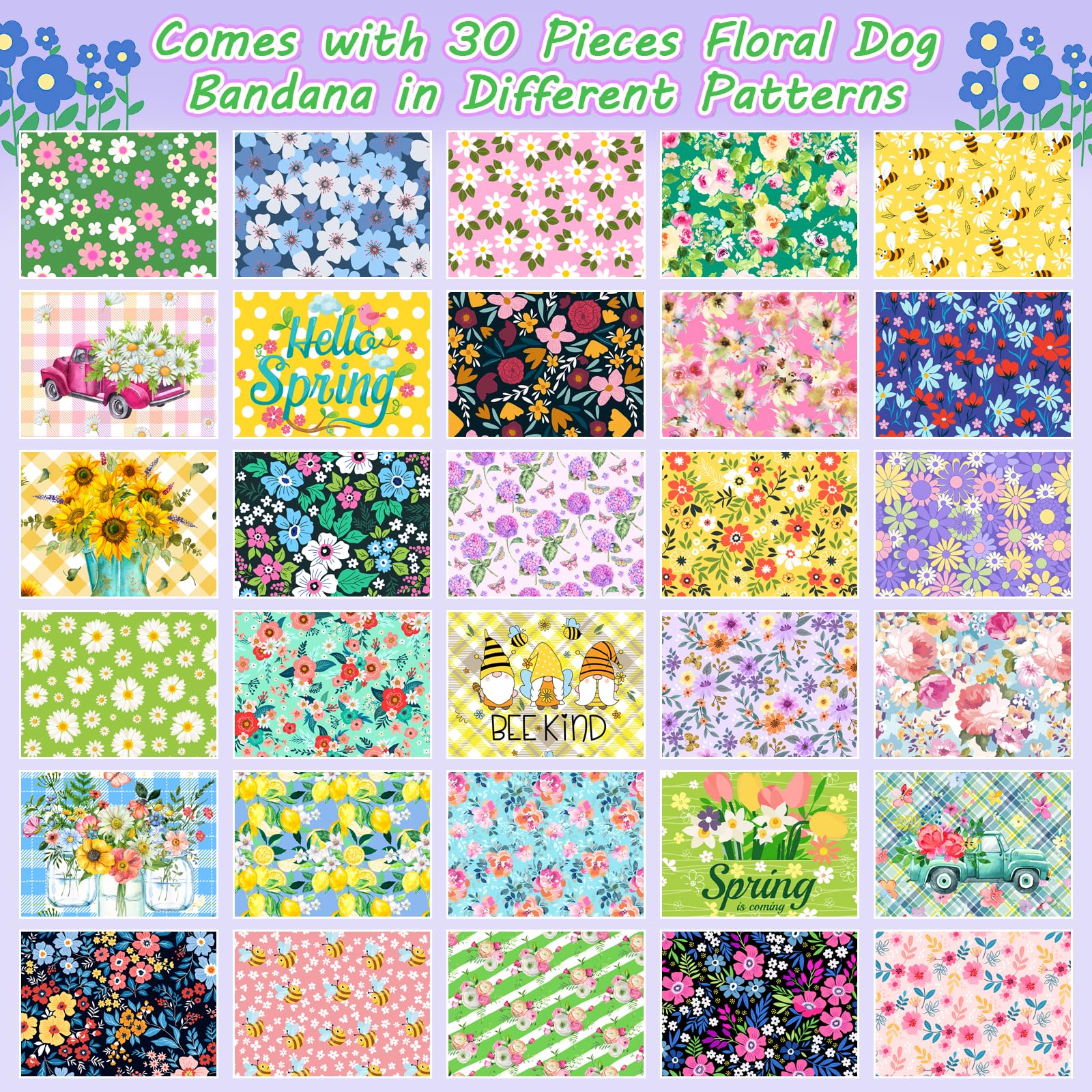 30 Pcs Spring Summer Dog Bandanas Bulk Floral Pet Scarves Bibs Adjustable Puppy Bandanas Girl Washable Flower Puppy Grooming Ban