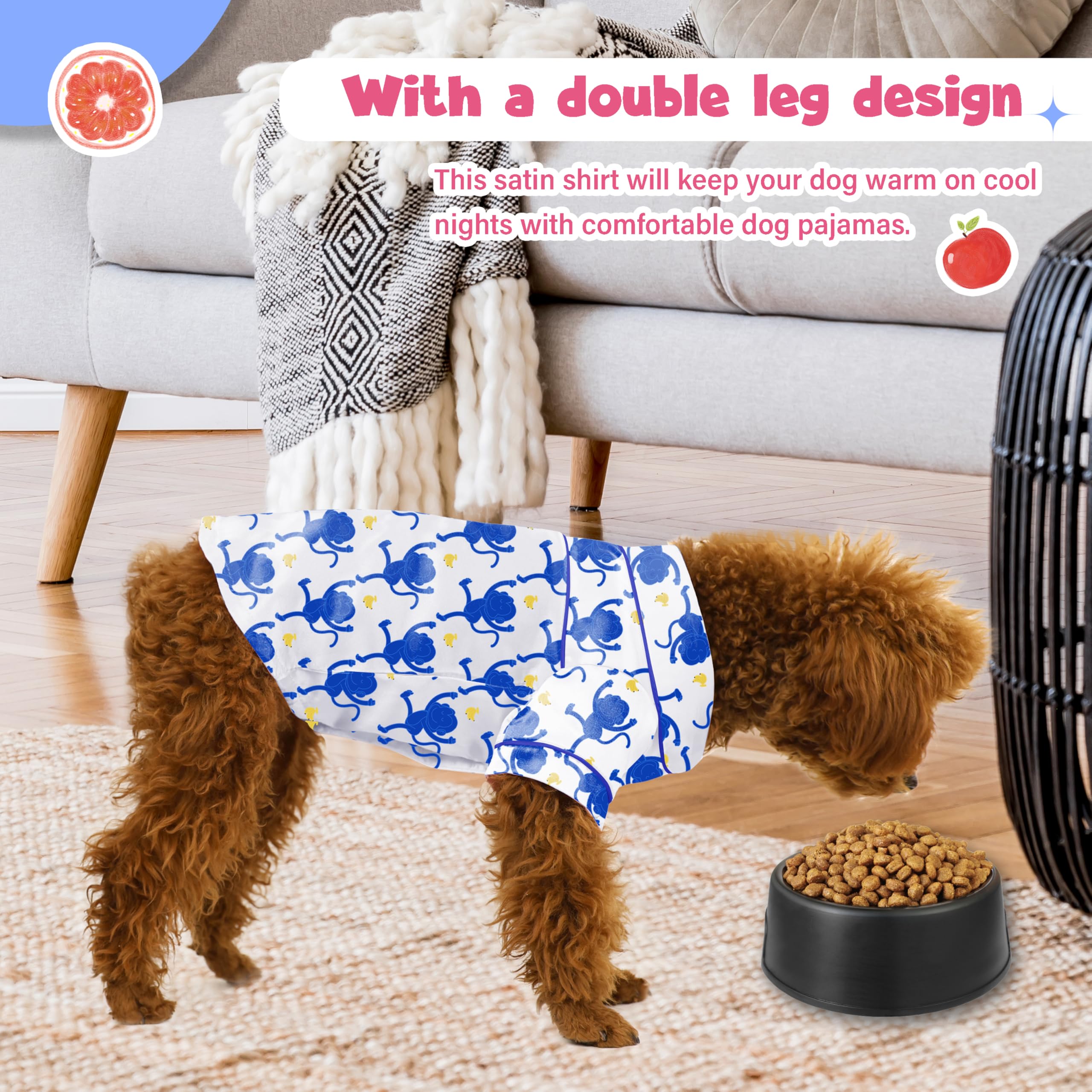 Dog Silk Pajamas Dog Shirts For Small Dogs Satin Pjs Two-Legged Puppy Clothes Lapel Sleepwear Cat Outfit (Blue Monkey, L)