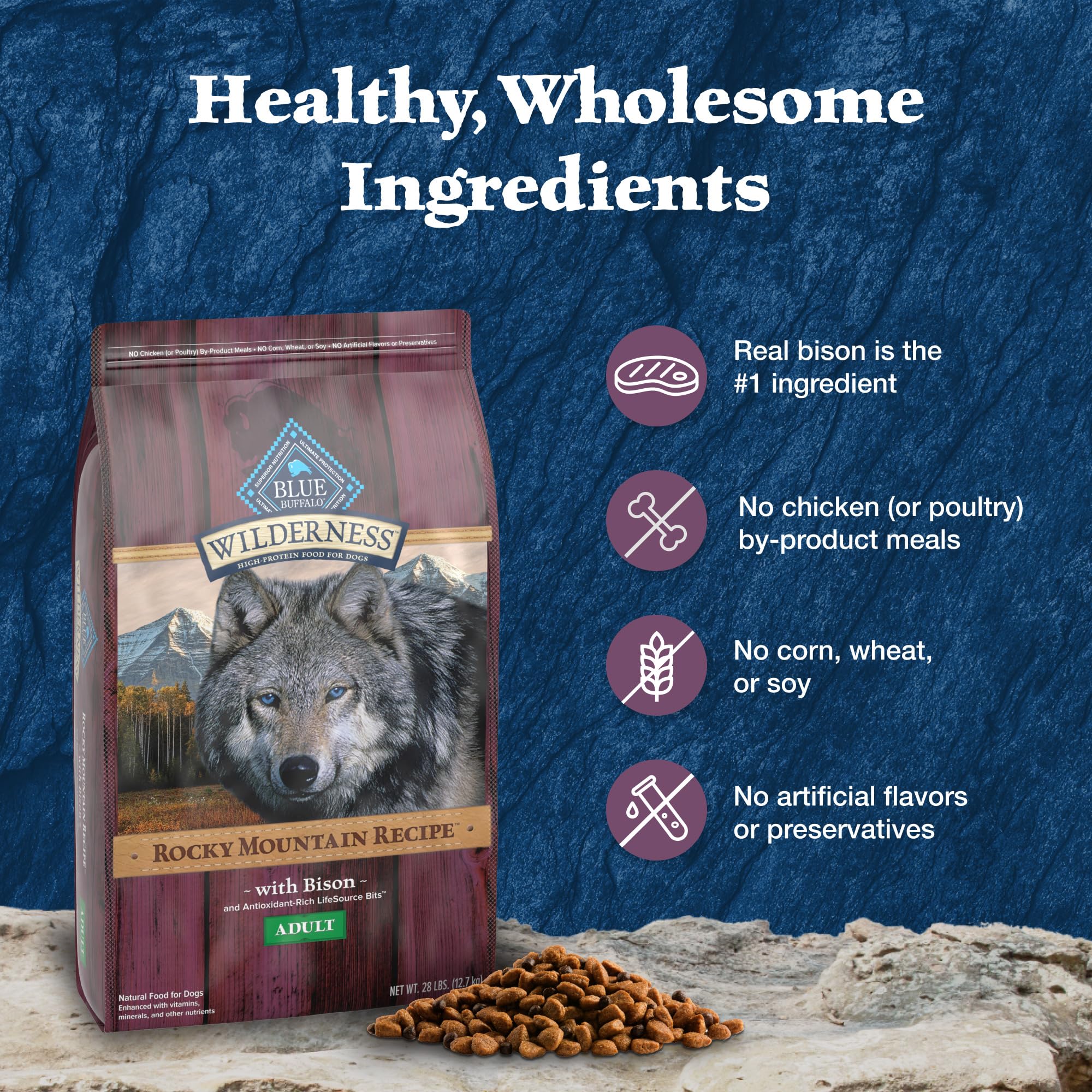 Blue Buffalo Wilderness High-Protein Adult Dry Dog Food, Bison, 28-lb Bag, Natural Ingredients, Made in the USA