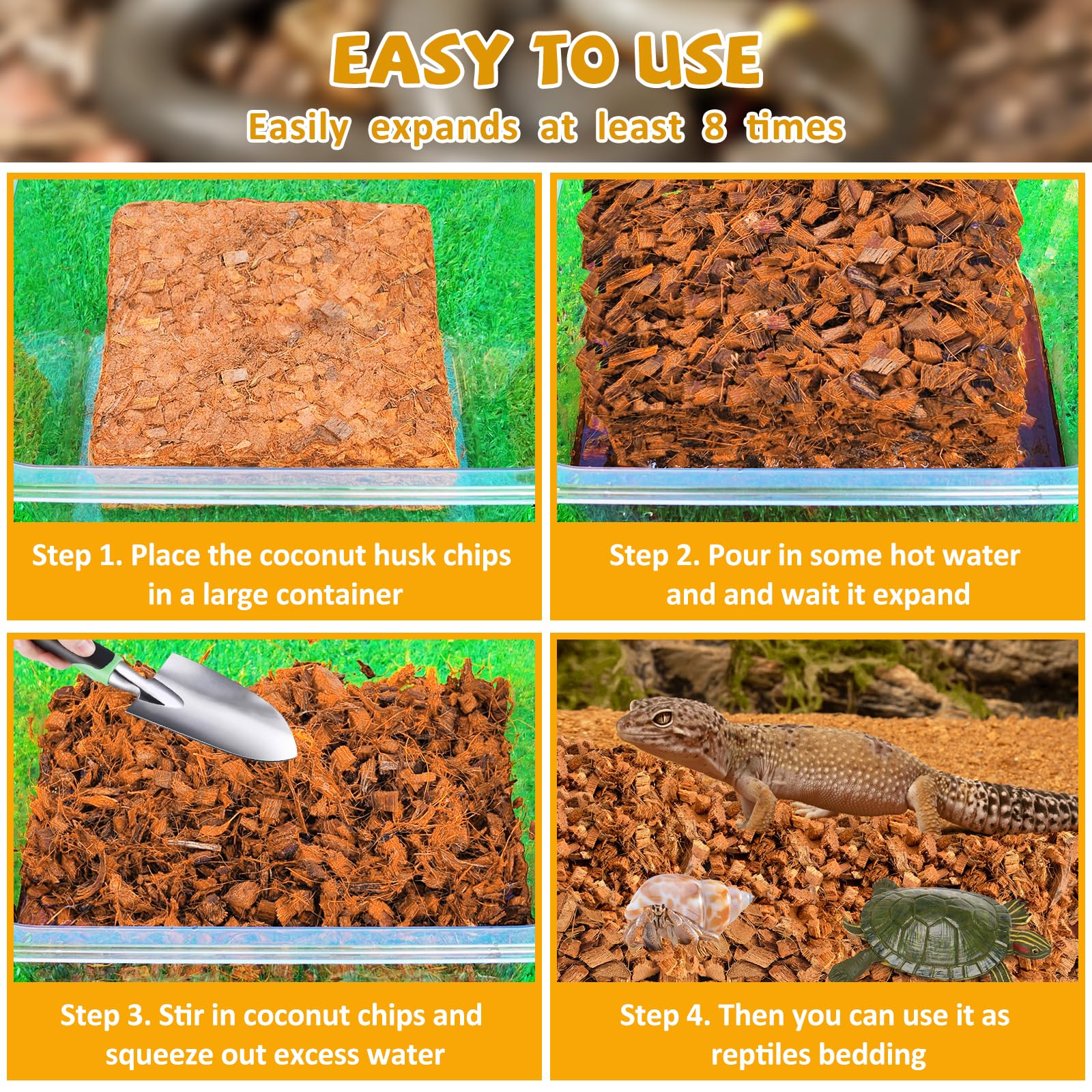 Legigo Coconut Chip Substrate for Reptiles, 10LBS Compressed Coco Husk Bedding, Ideal for Snakes, Tortoises, Geckos, and Lizards
