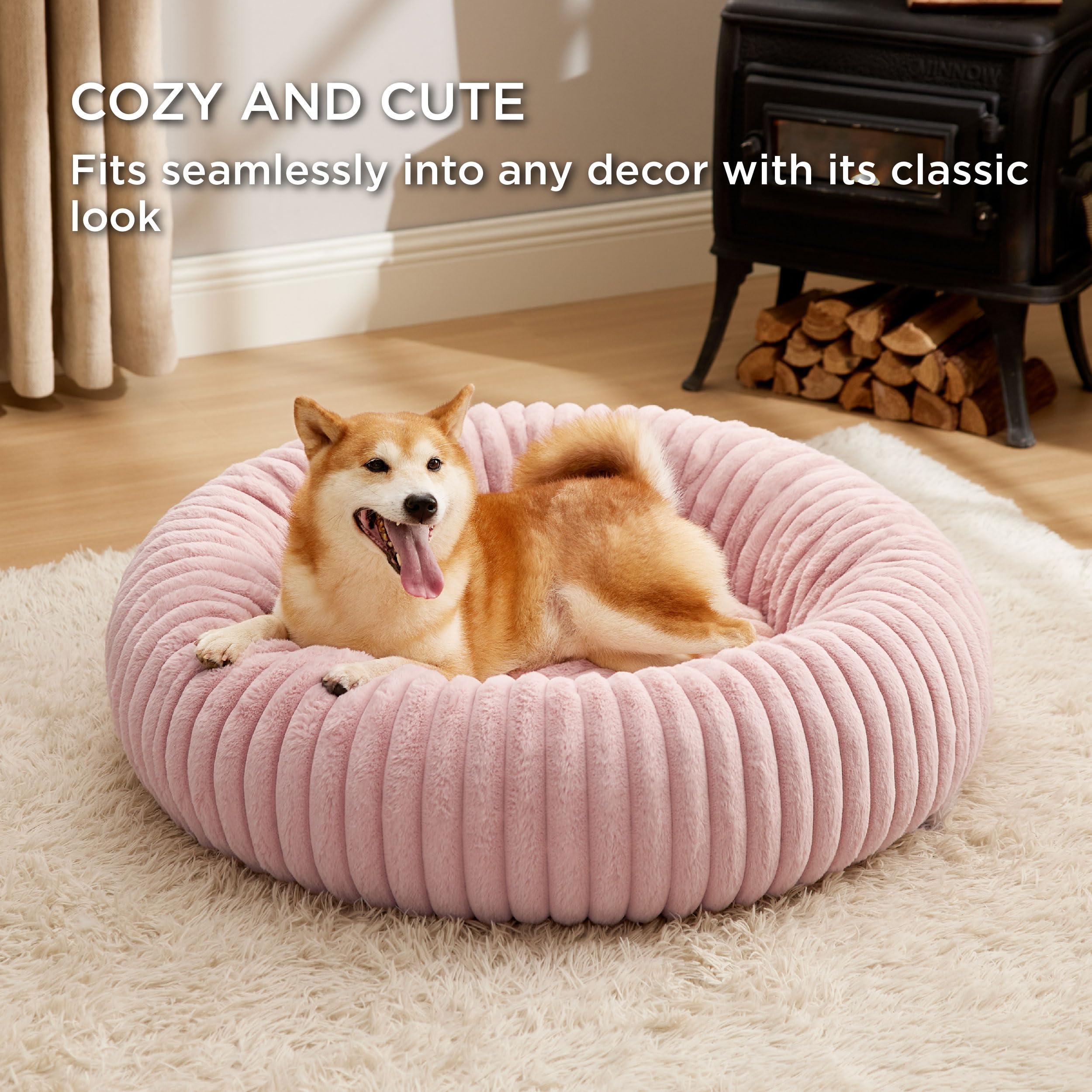 Bedsure Donut Large Dog Bed - Washable Faux Fur With Corduroy Fleece & Anti Slip Bottom, Round Pet Bed With Removable Cover, Blu