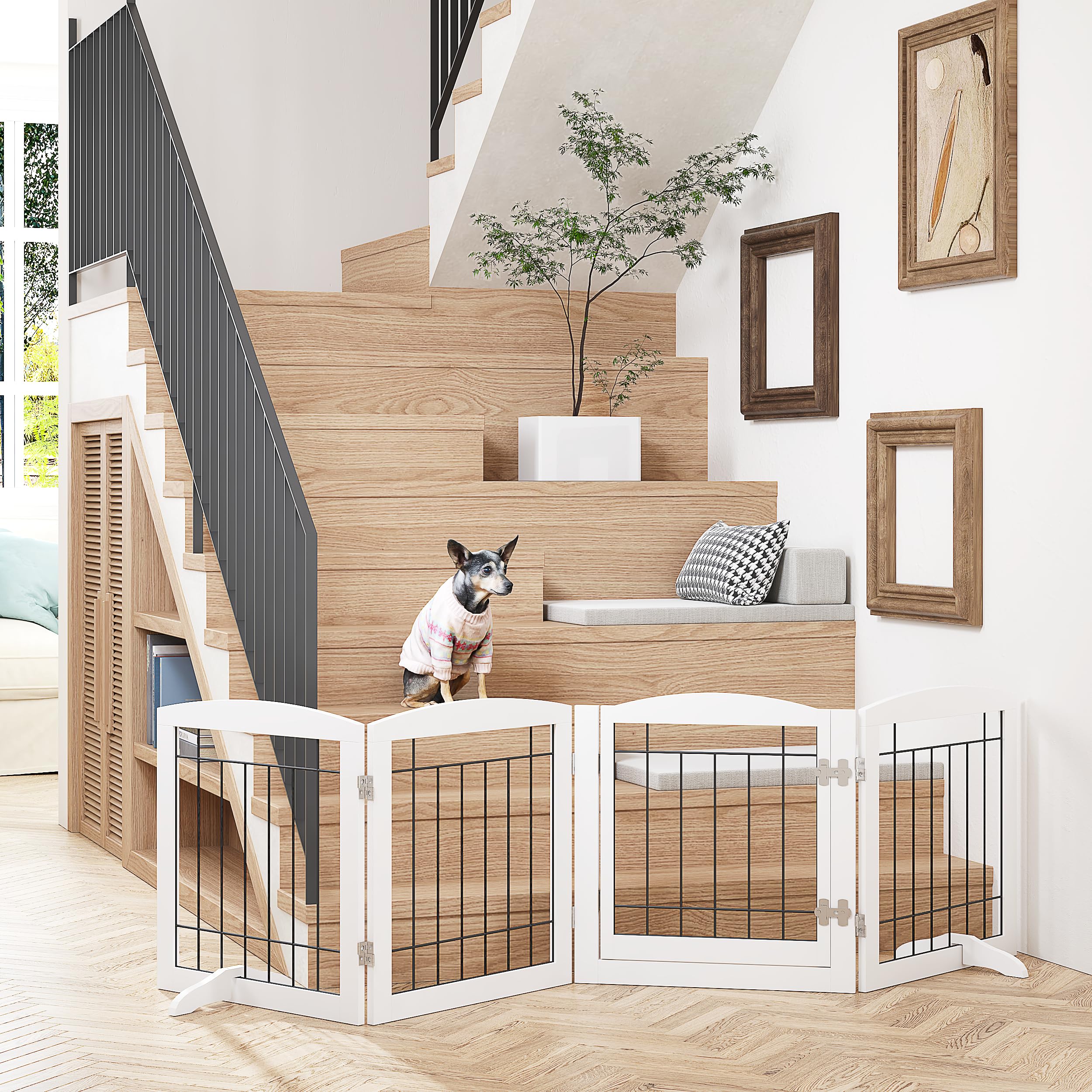 PAWLAND Freestanding Dog Gate with Door, 80" Wide, 24" Tall, White, 4 Panels, Wood Safety Fence for Home, Doorway, Stairs