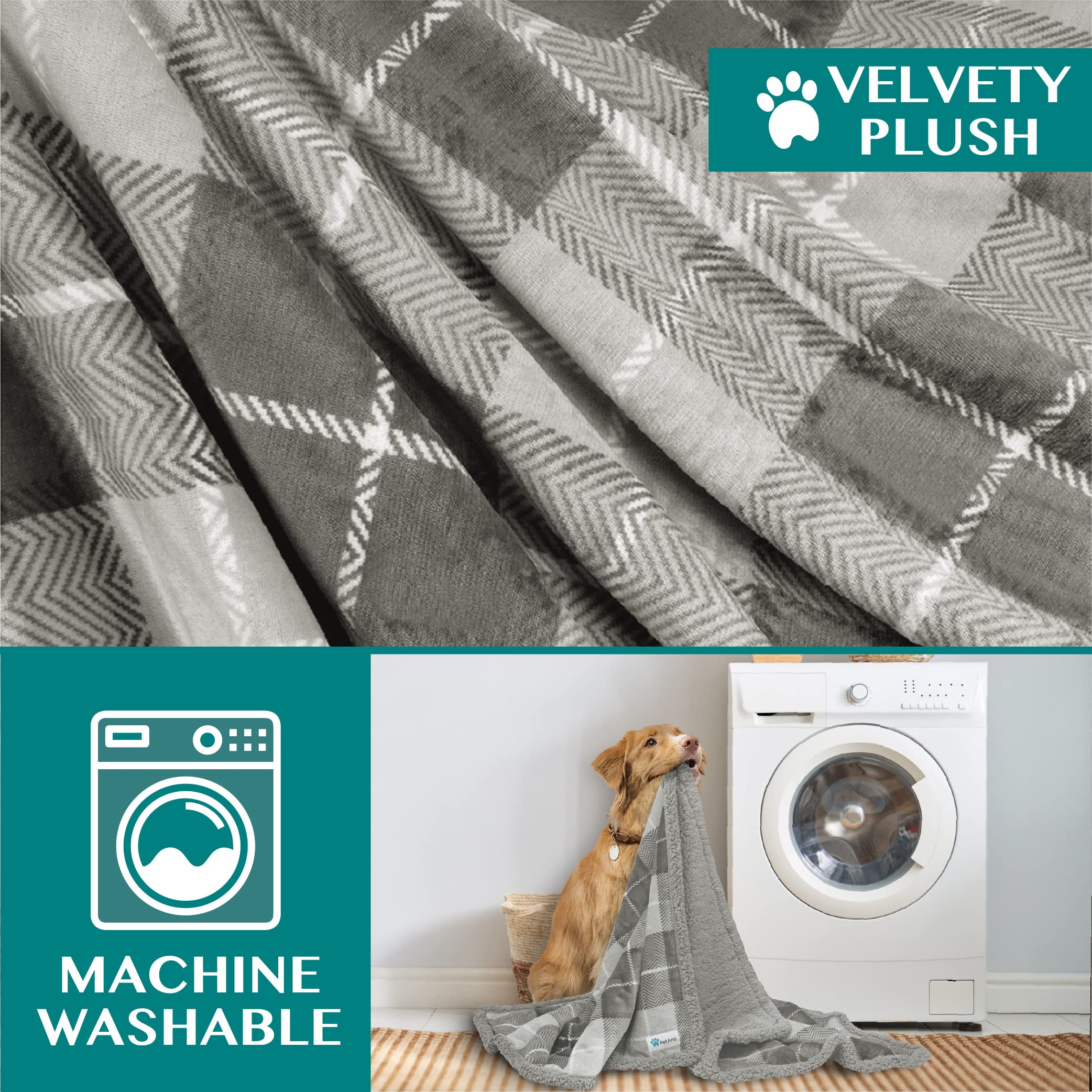 Petami Dog Blanket For Medium Large Dogs, Pet Bed Blanket Cat Puppy Kitten, Fleece Furniture Couch Cover Protector Sofa Car, Soft Sherpa Dog Throw Plush Reversible Washable, 40X60 Plaid Light Gray