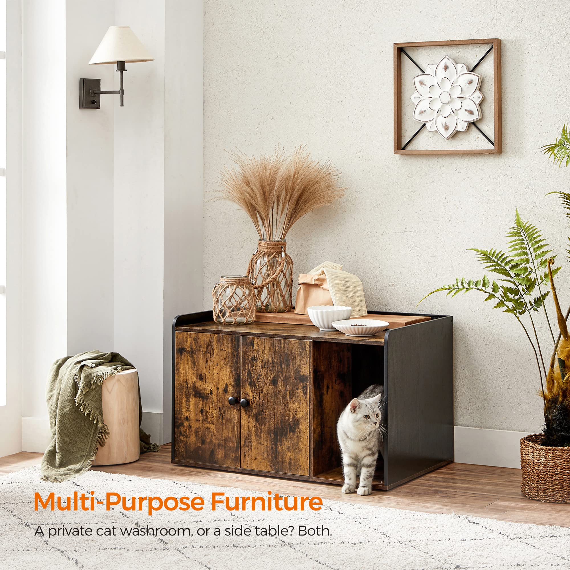 Feandrea Litter Box Enclosure, Cat Litter Box Furniture Hidden, with Front Entry, Modern Cat House for Indoor Cat, Kitty, Side E