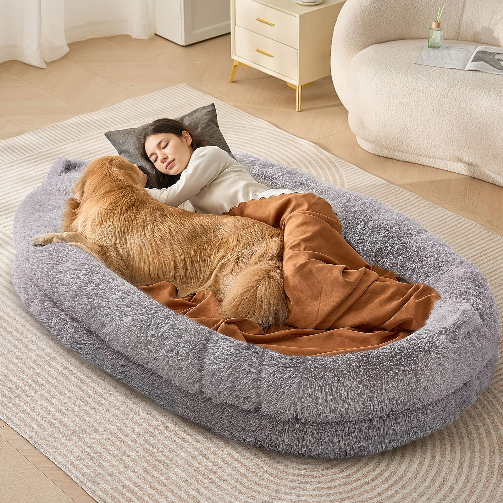 Vevor Human Dog Bed, 72'X48'X10' Giant Human Dog Bed For Adult, Human Size Dog Bed With Washable Pv Velvet Cover, Egg Orthopedic Foam, Storage Pocket, Large Dog Bean Bed For You And Pet, Light Grey