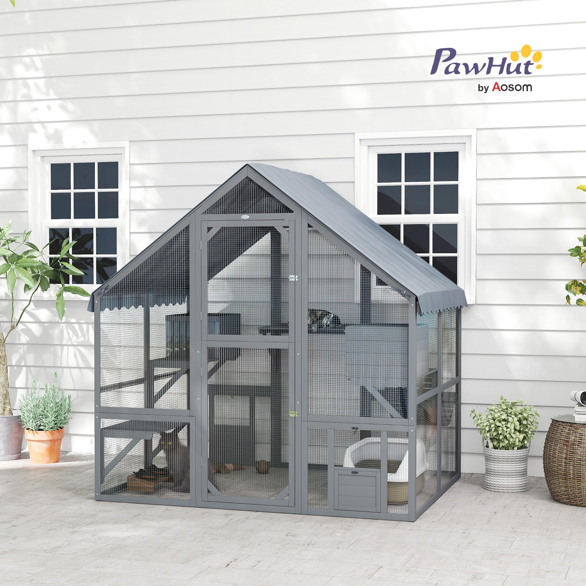 Pawhut Large Catio Outdoor Cat Enclosure For Multiple Kittens, Wooden Cat House With Waterproof Cover, Walk In Kitty Cage Kennel