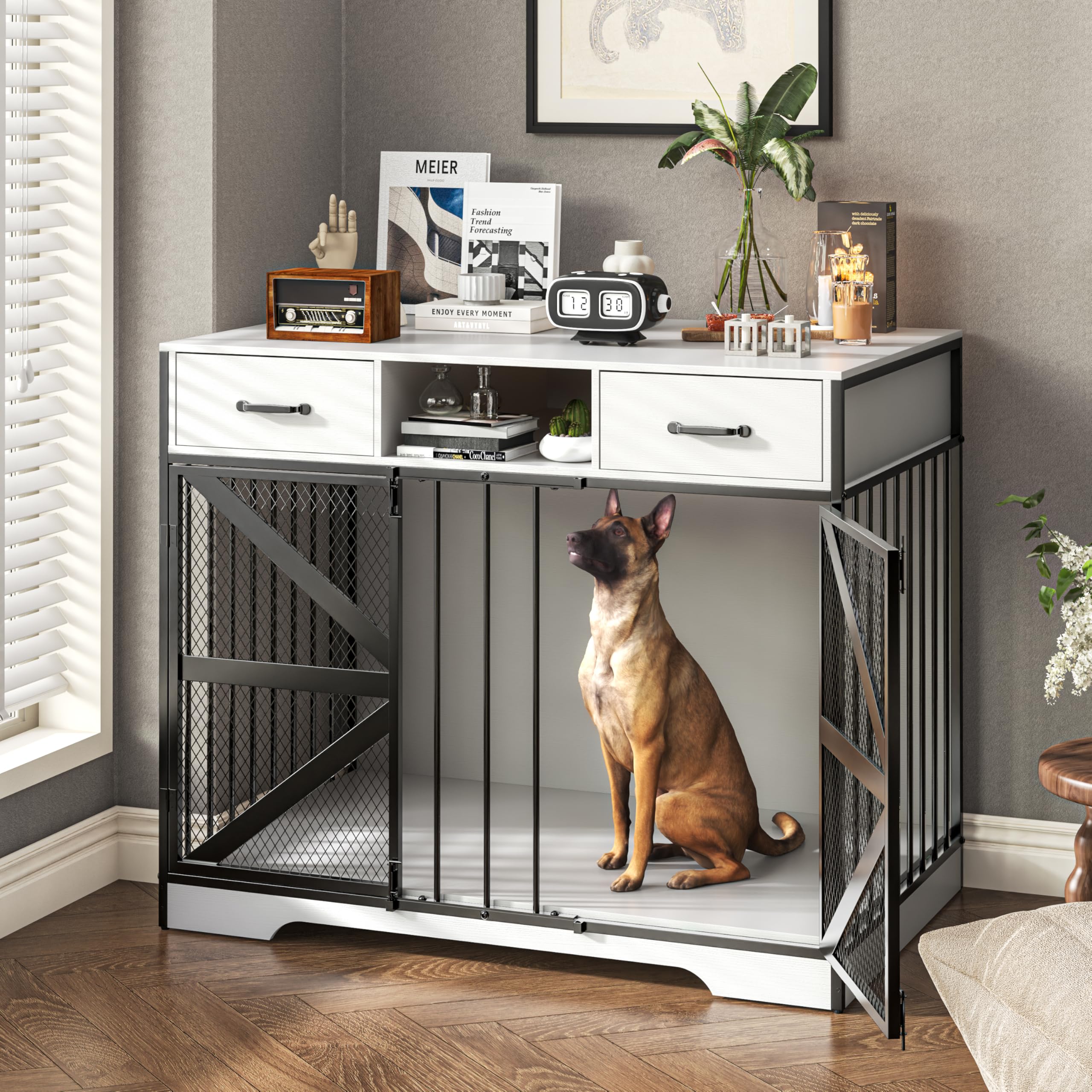 Fatmok Dog Crate Furniture, 44 Large Dog Kennel Furniture Indoor, Metal XL Dog Cage for Large/Medium Dogs, Wooden Heavy Duty Dec