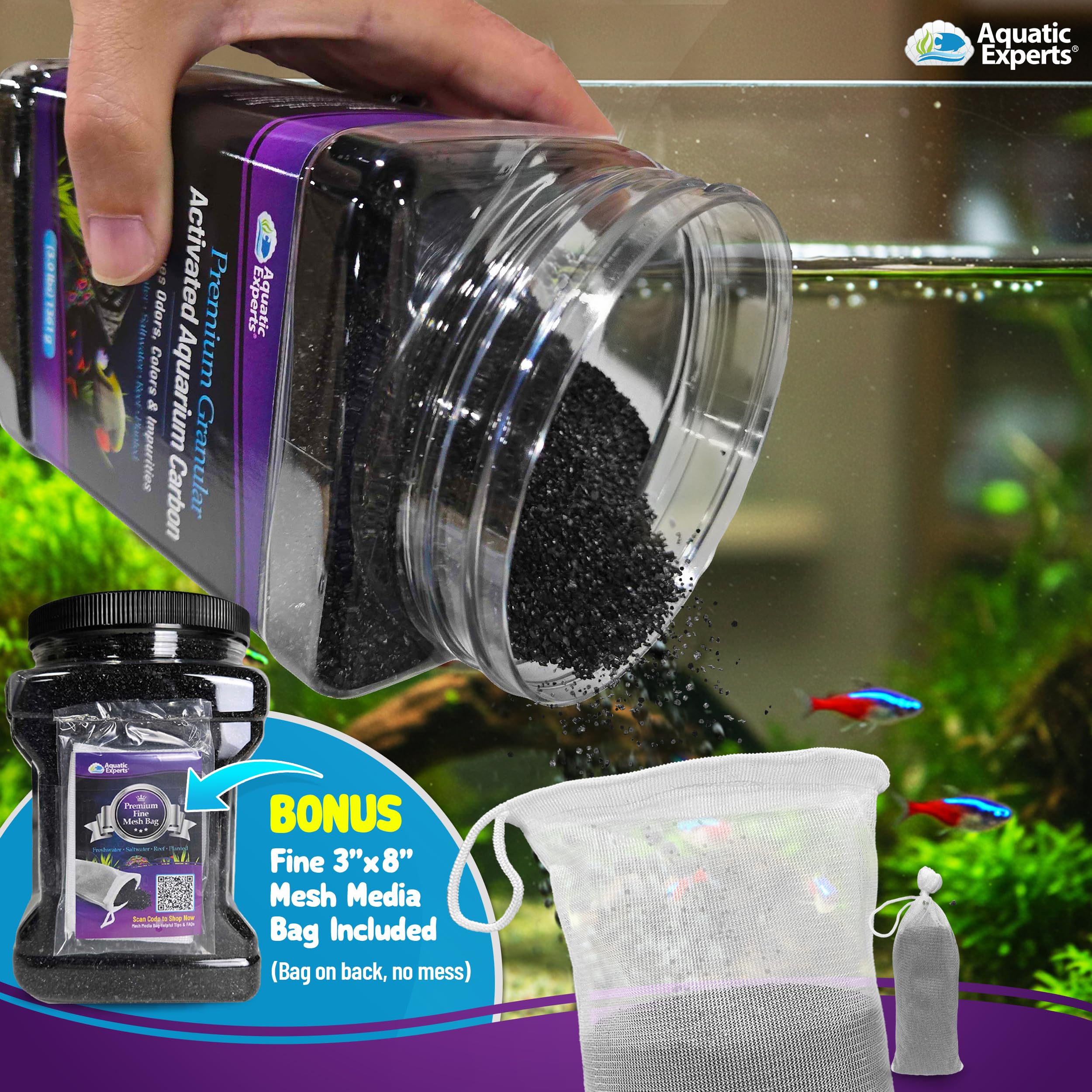 Premium Activated Carbon - Aquarium Carbon Media - Charcoal For Fish Tanks - Aquarium Filter Charcoal Media (Granulated, 3 Lbs With Fine Mesh Bag)