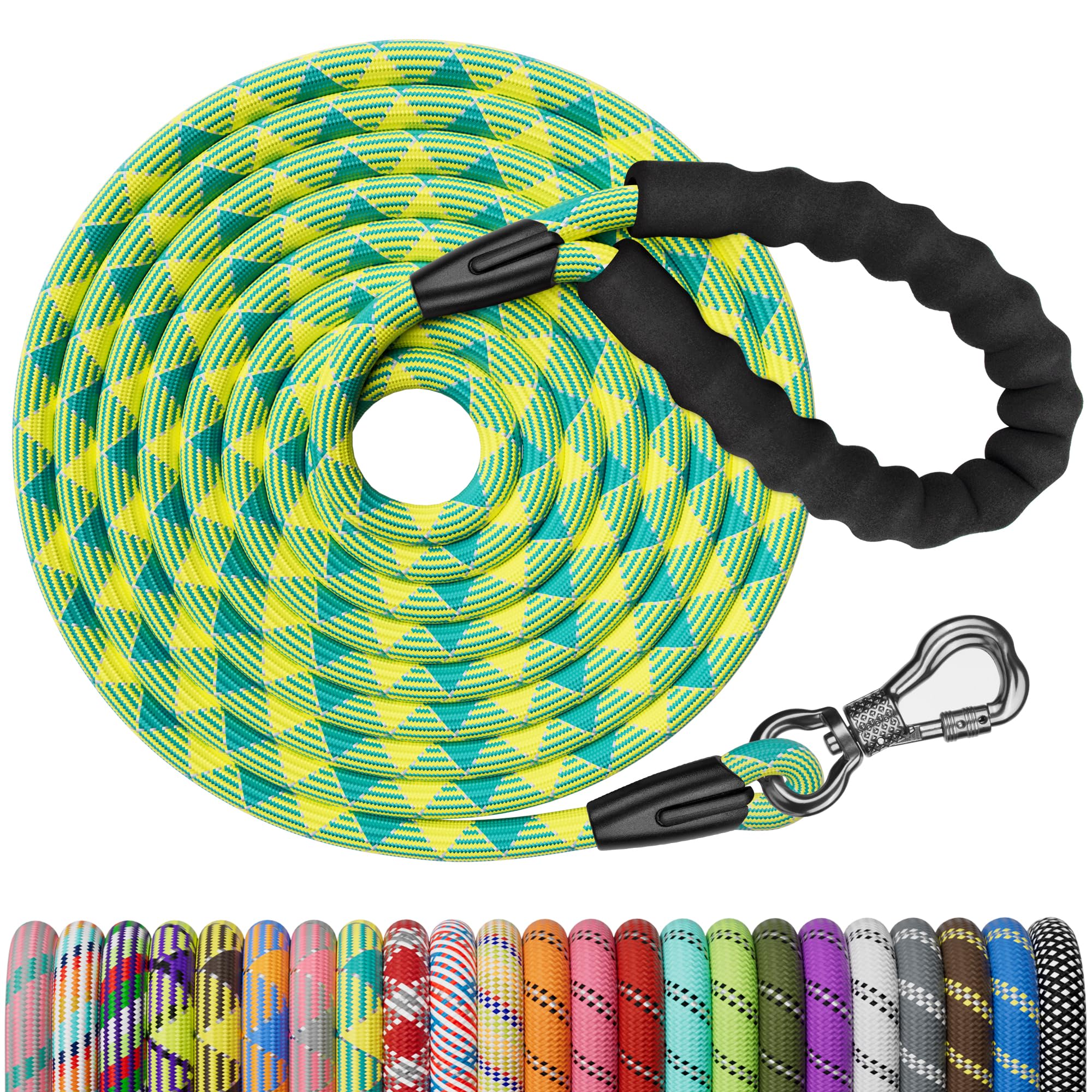 Ntr Long Dog Leash,15Ft Rope Leash For Dog Training With Swivel Lockable Hook,Reflective Threads And Comfortable Handle,Dog Lead For Walking,Hunting,Camping For Medium And Large Dog, Teal/Yellow