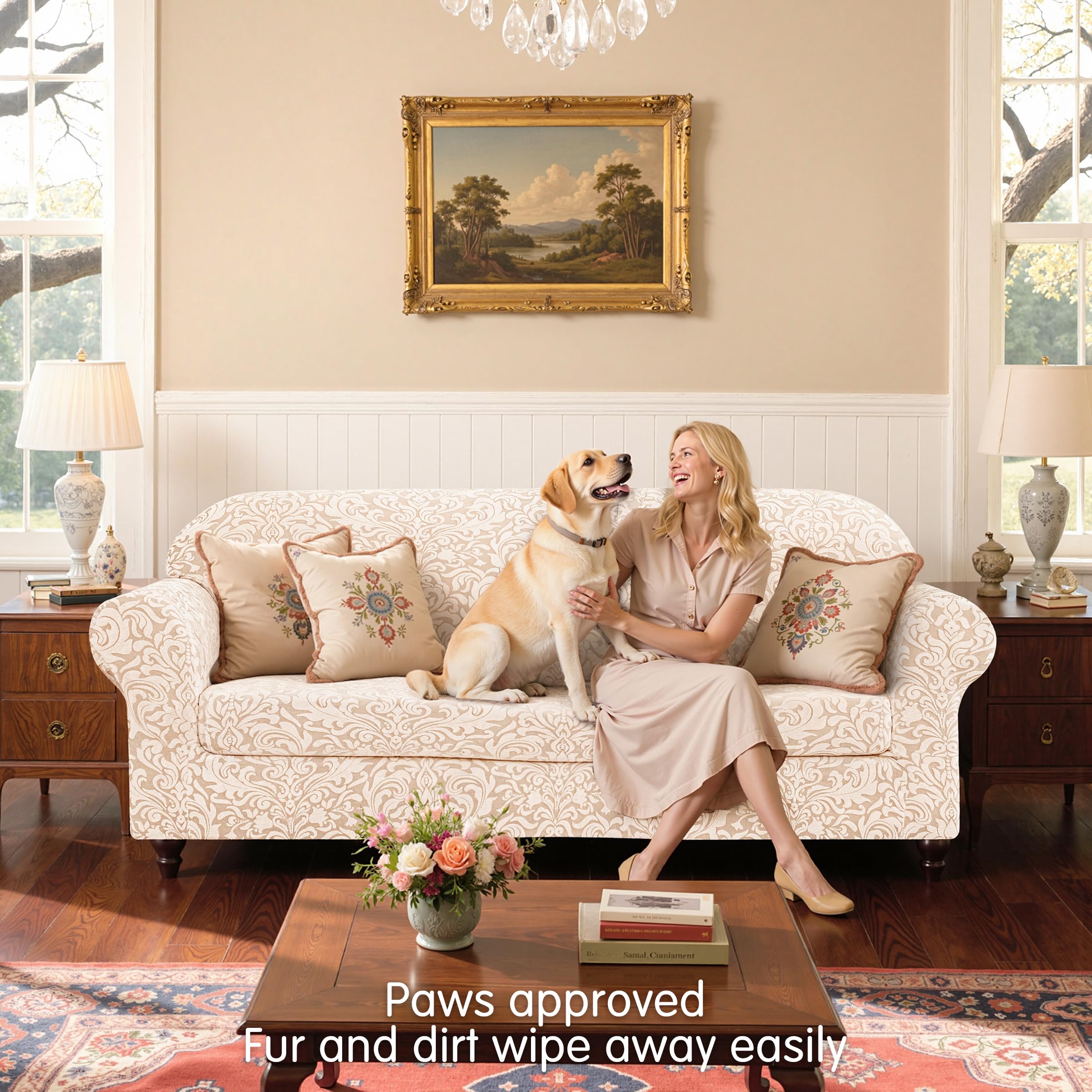 SUBRTEX 2 Piece Loveseat Covers, Jacquard Damask 2 Seater Couch Cover with Seat Cushion, Stretch Non Slip Furniture Protector fo