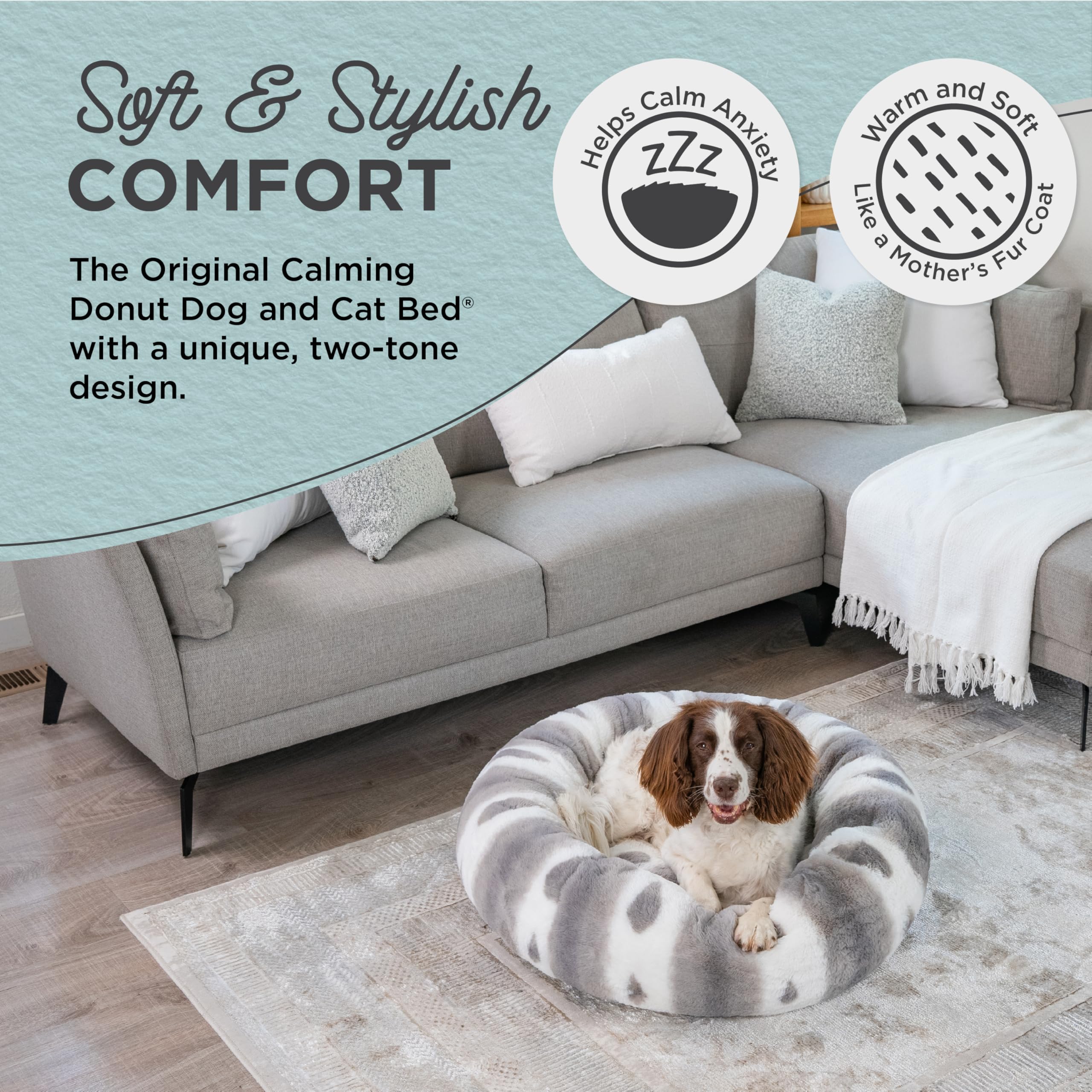 Best Friends By Sheri Patterned Lux Faux Fur Calming Donut Dog Bed, Gray, Medium, 30X30