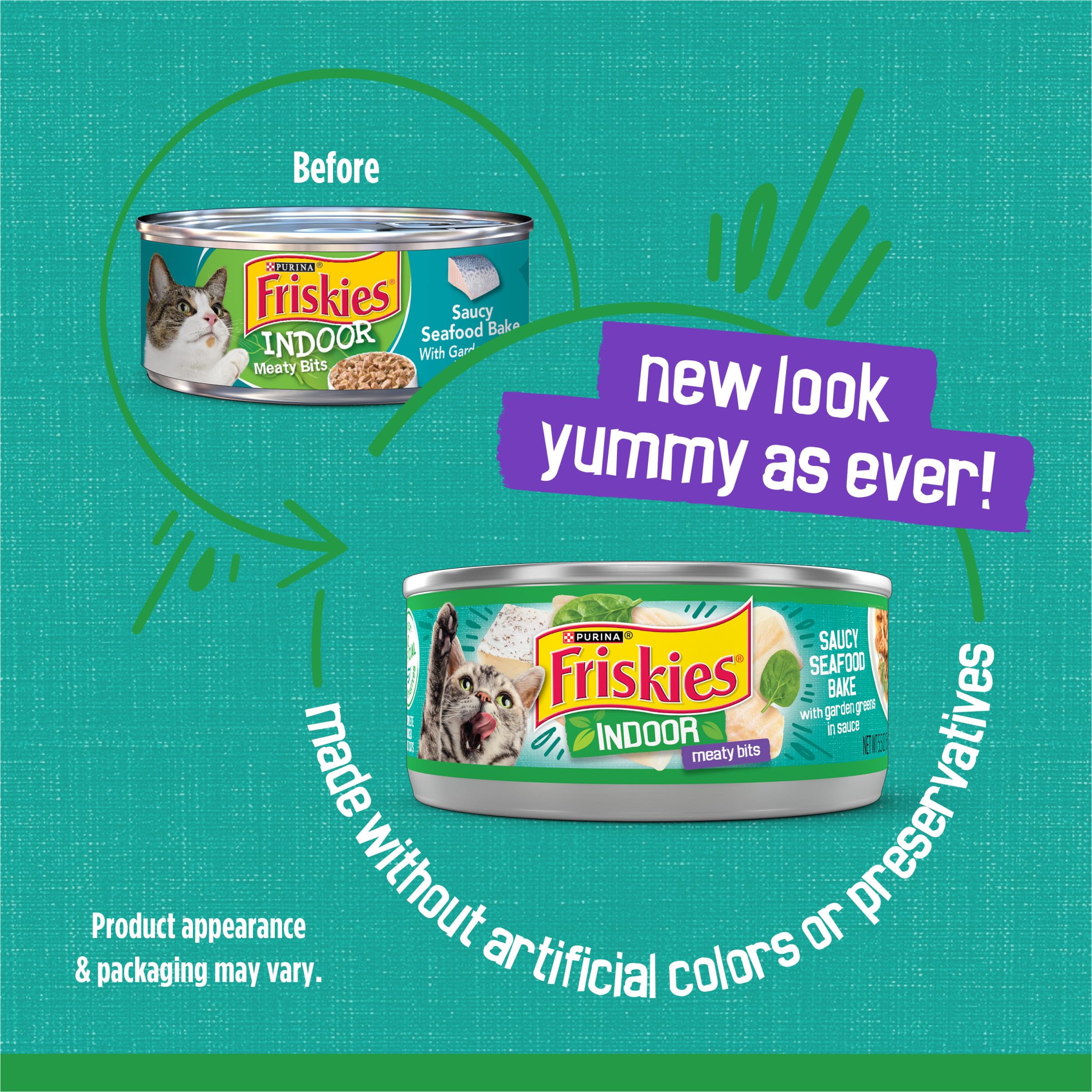 Purina Friskies Indoor Cat Food Meaty Bits Saucy Seafood Bake With Garden Greens in Sauce - (Pack of 24) 5.5 oz. Cans