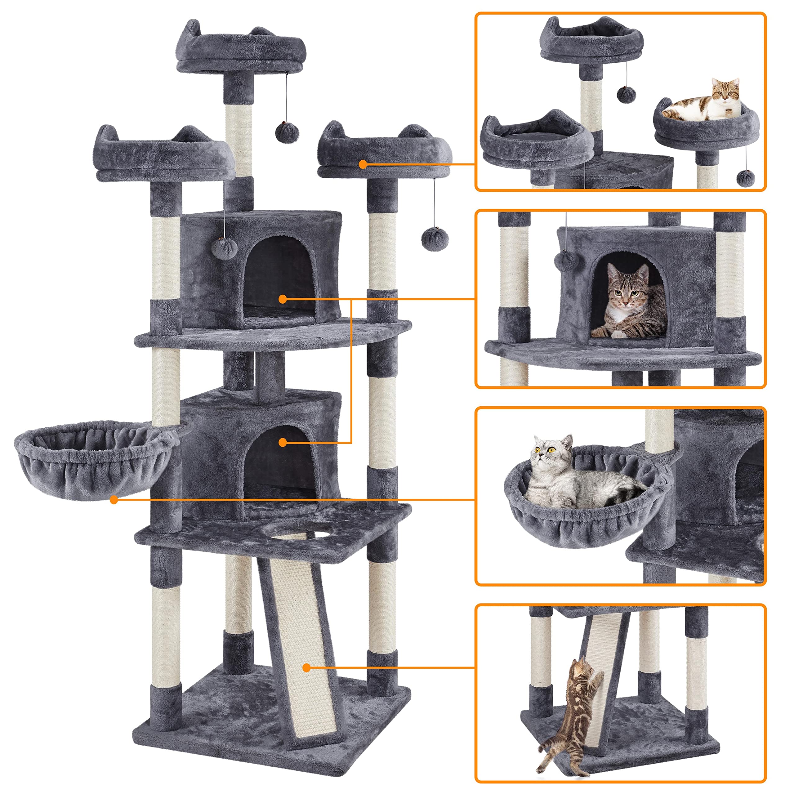 Yaheetech 76''H Large Cat Tree, Multilevel Cat House Plush Cat Tower With 2 Condos & 8 Scratching Posts For Kittens, Dark Gray