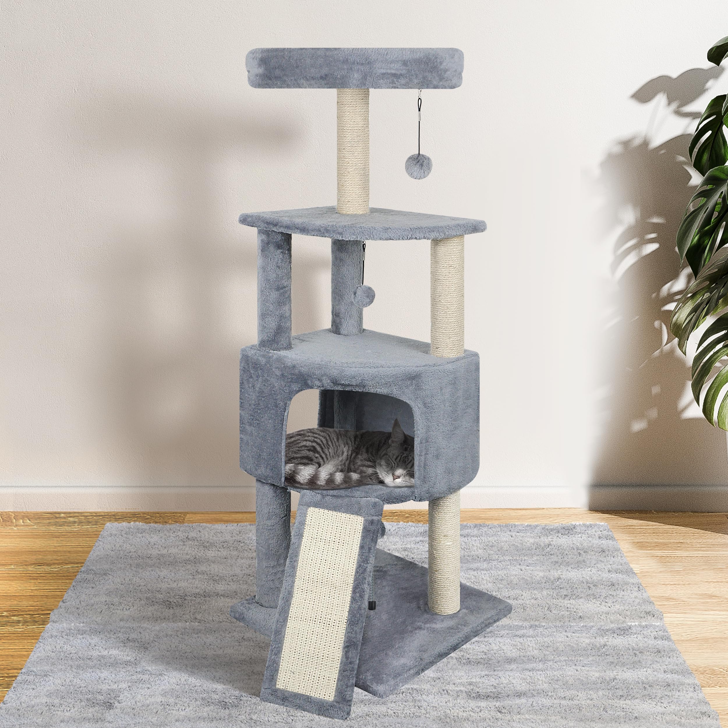 Huitree 45In Cat Tree Tower With Big Cat Condo For Indoor Cats,Cat Tower Activity Center Cat Furniture With Scratching Post And Hanging Bed,Grey