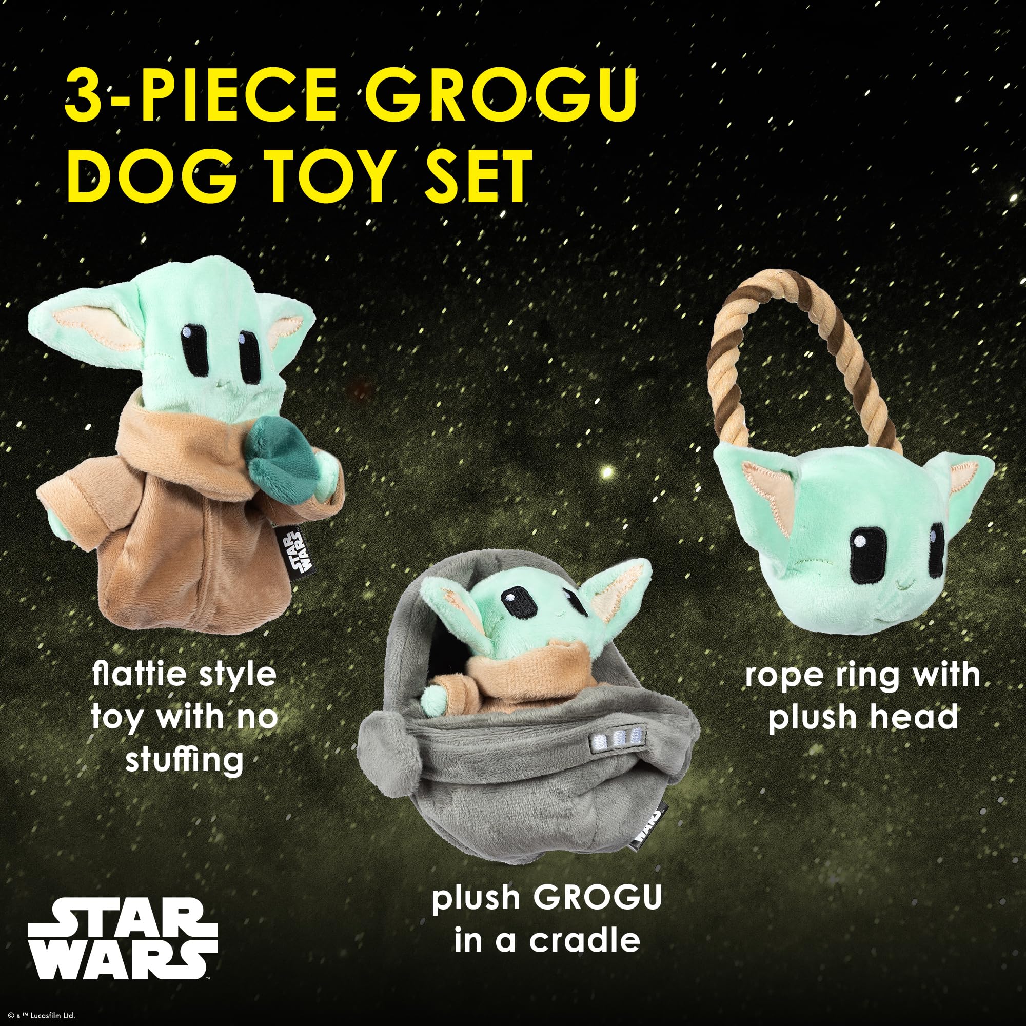 Star Wars For Pets Grogu 3 Piece Collection - Cradle Plush, Flattie, And Rope Ring Dog Toys - Fabric Squeaky Plushes For All Dog