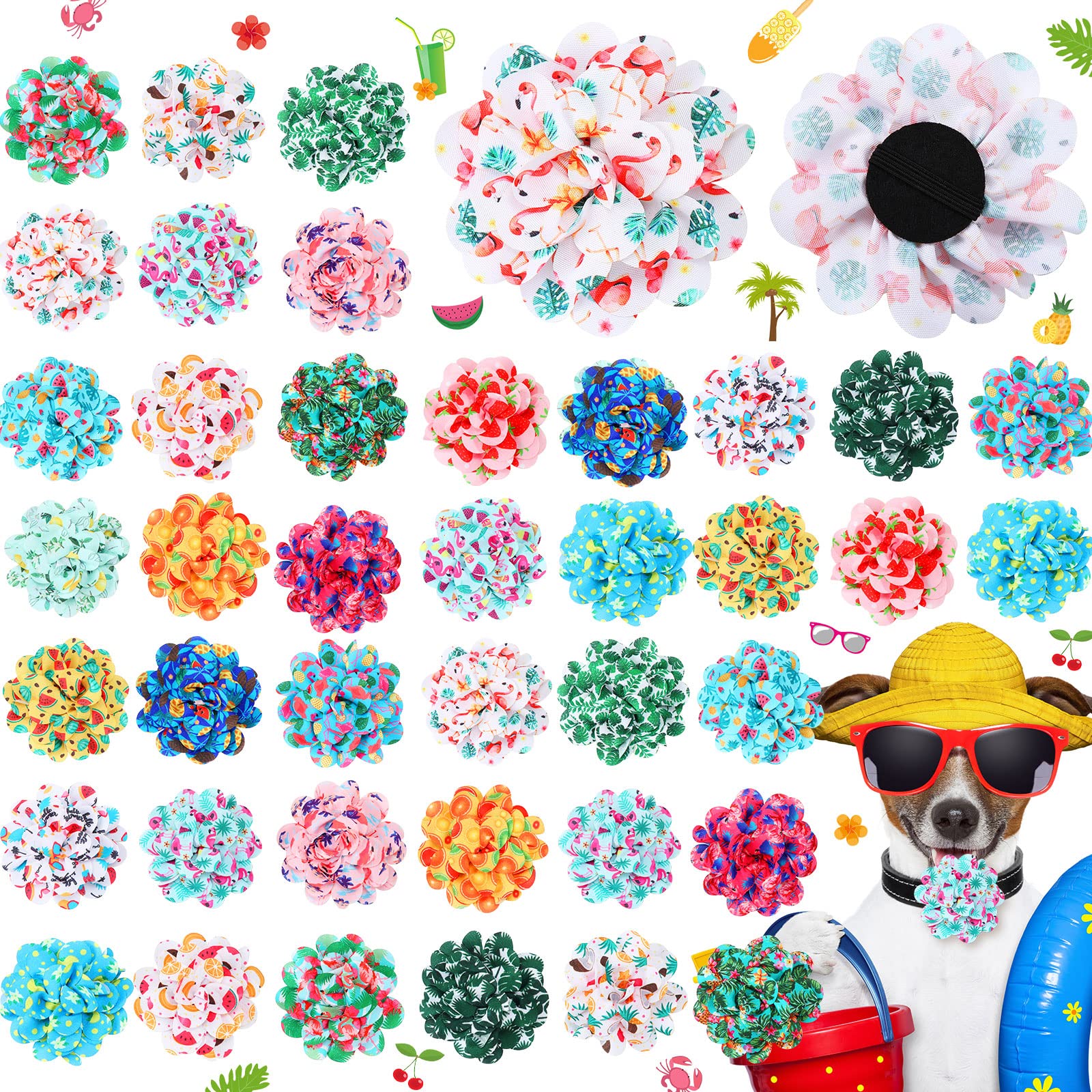 Hillban 80 Pieces Dog Collar Flowers Hawaiian Summer Dog Flowers Charms Grooming Accessories Collar Set Bow Tie For Puppy Cat At