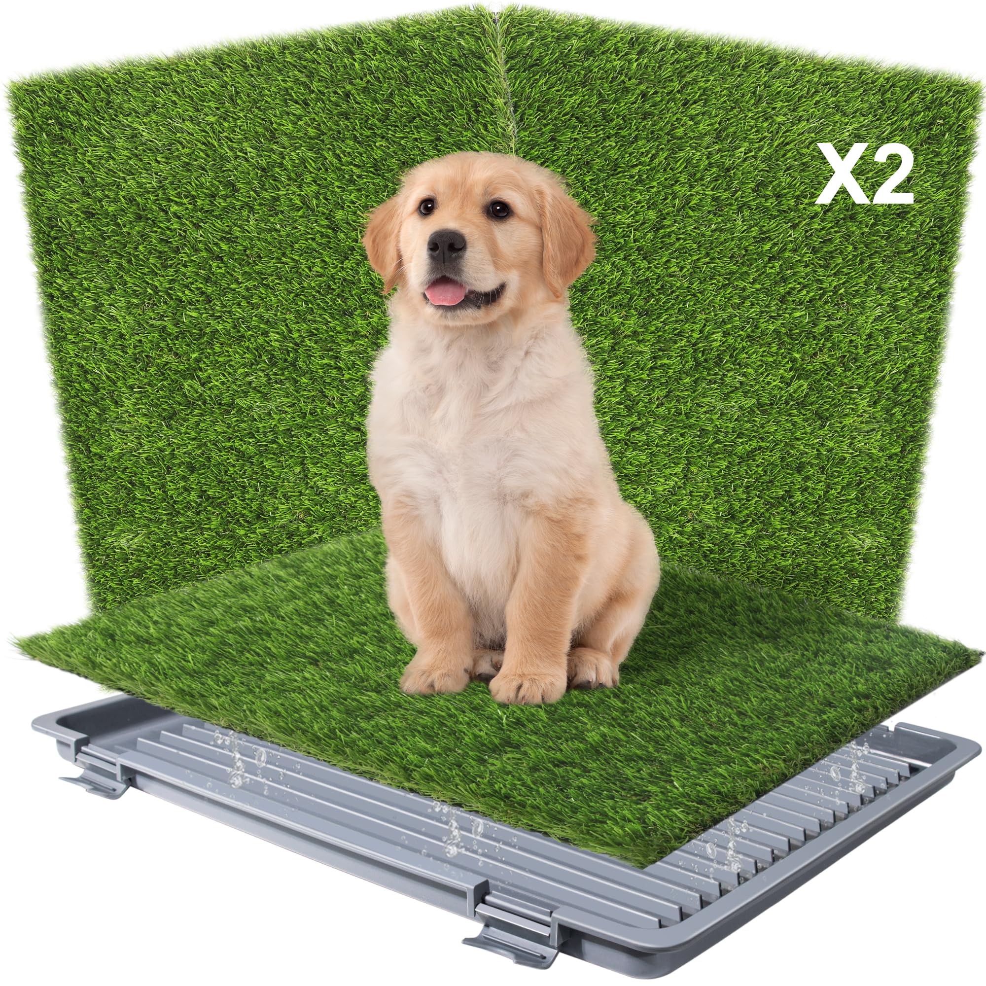 Dog Grass Pad with Tray: Reusable Training Pad with 2-Pack Replaceable Artificial Grass - Quick Absorbent Indoor Portable Dog Pa