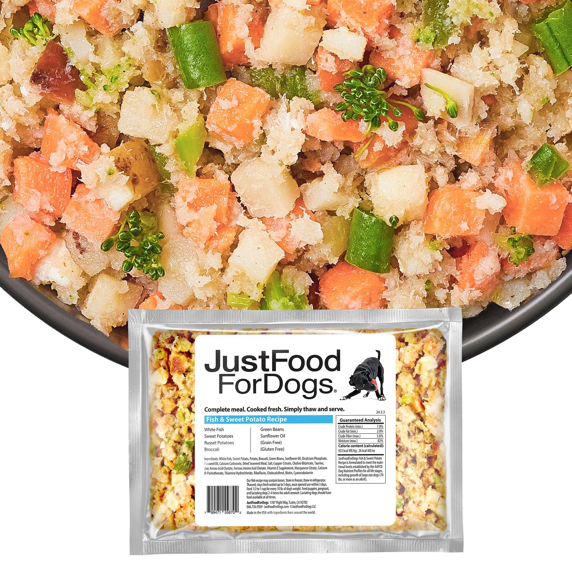 JustFoodForDogs Frozen Fresh Dog Food, Complete Meal or Topper, Fish & Sweet Potato Human Grade Recipe, 18 oz (Pack of 7)