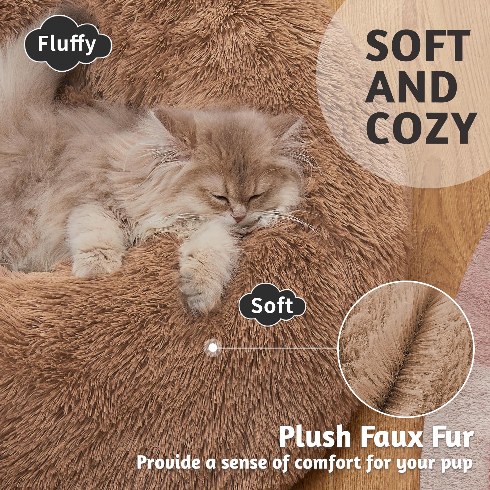 Ohgeni Calming Donut Cat Bed Pillow For Small Pets, Machine Washable Removable Cover, Comfort Plush Fluffy Faux Fur With Anti-Slip Bottom, Dogs-Friendly Round Cuddly Design, Ocher, 20 Inches