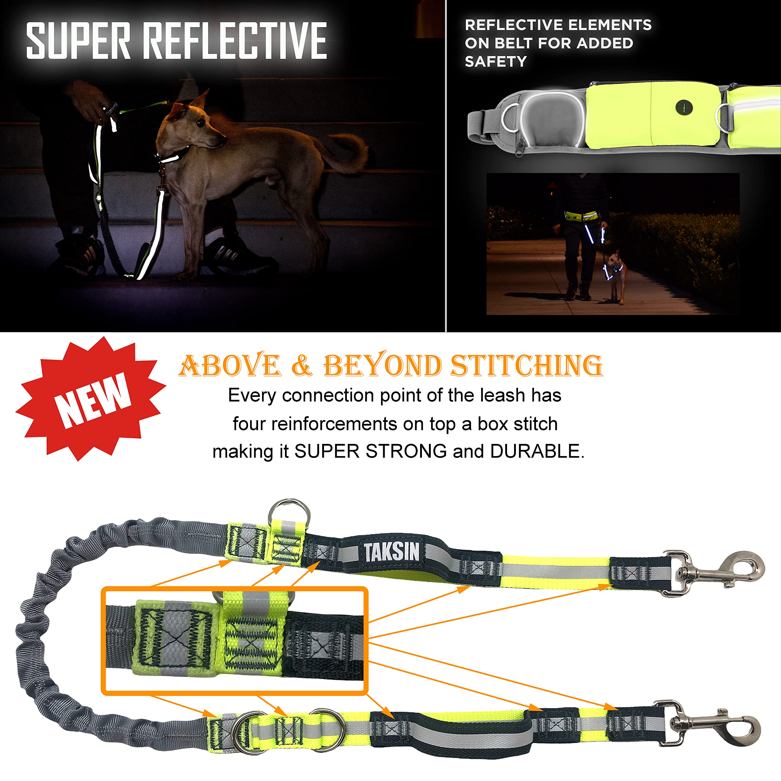 TAKSIN 4FT Super Reflective Leash with Shock Absorbing Bungee & Padded Handles - Yellow, Leash Only for Ultimate Leash System