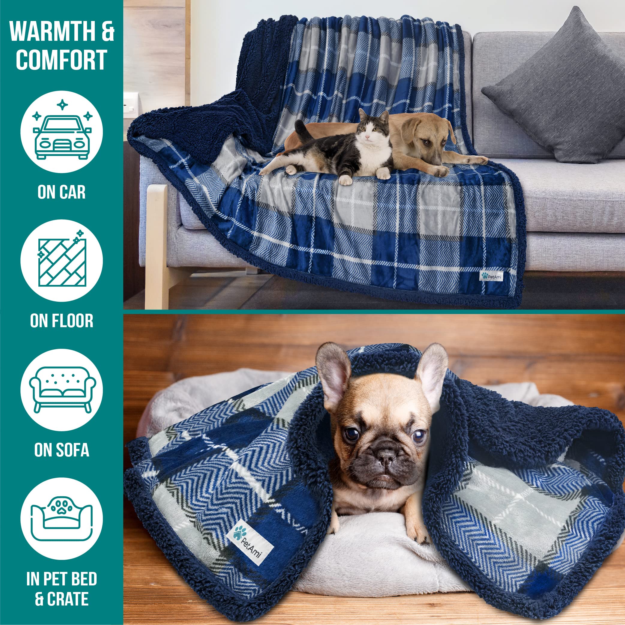 Petami Dog Blanket For Bed, Xl Pet Blanket Large Dogs, Fleece Furniture Couch Cover Protector Sofa Car Crate Kennel, Soft Sherpa Cat Throw Plush Reversible Washable, Twin 60X80 Plaid Navy Blue
