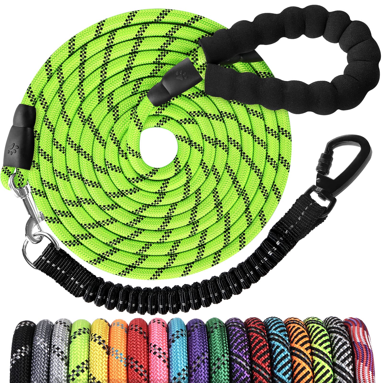Long Dog Leash 30 FT: Heavy Duty Rope Leashes for Dogs Training with Swivel Lockable Hook Reflective Threads Bungee and Padded H