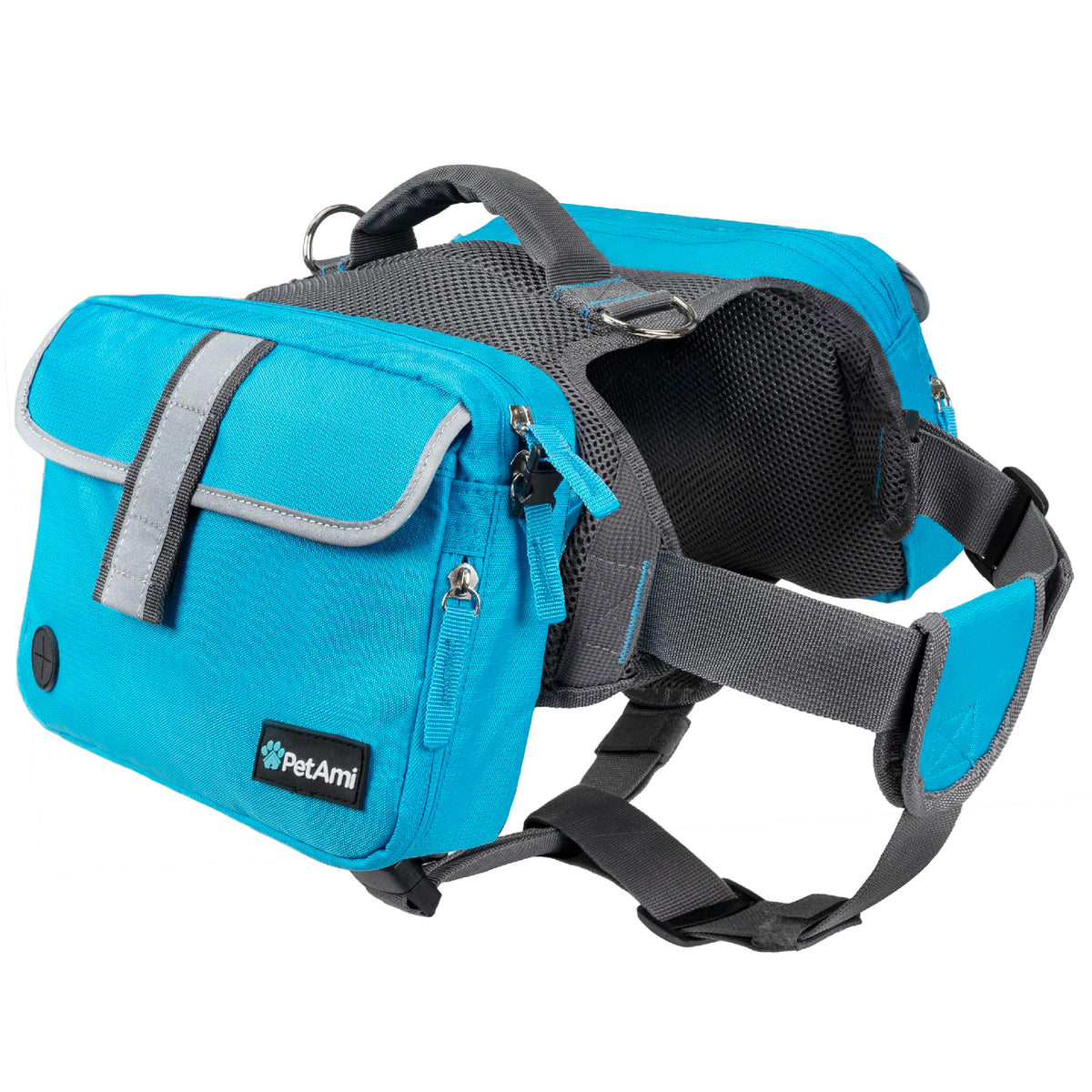 Petami Dog Backpack For Medium Large Dogs, Dog Saddle Bag For Dogs To Wear, Harness Saddlebag With Reflective Safety Side Pockets For Hiking, Camping, Vest Dog Pack For Travel (Blue, Medium)