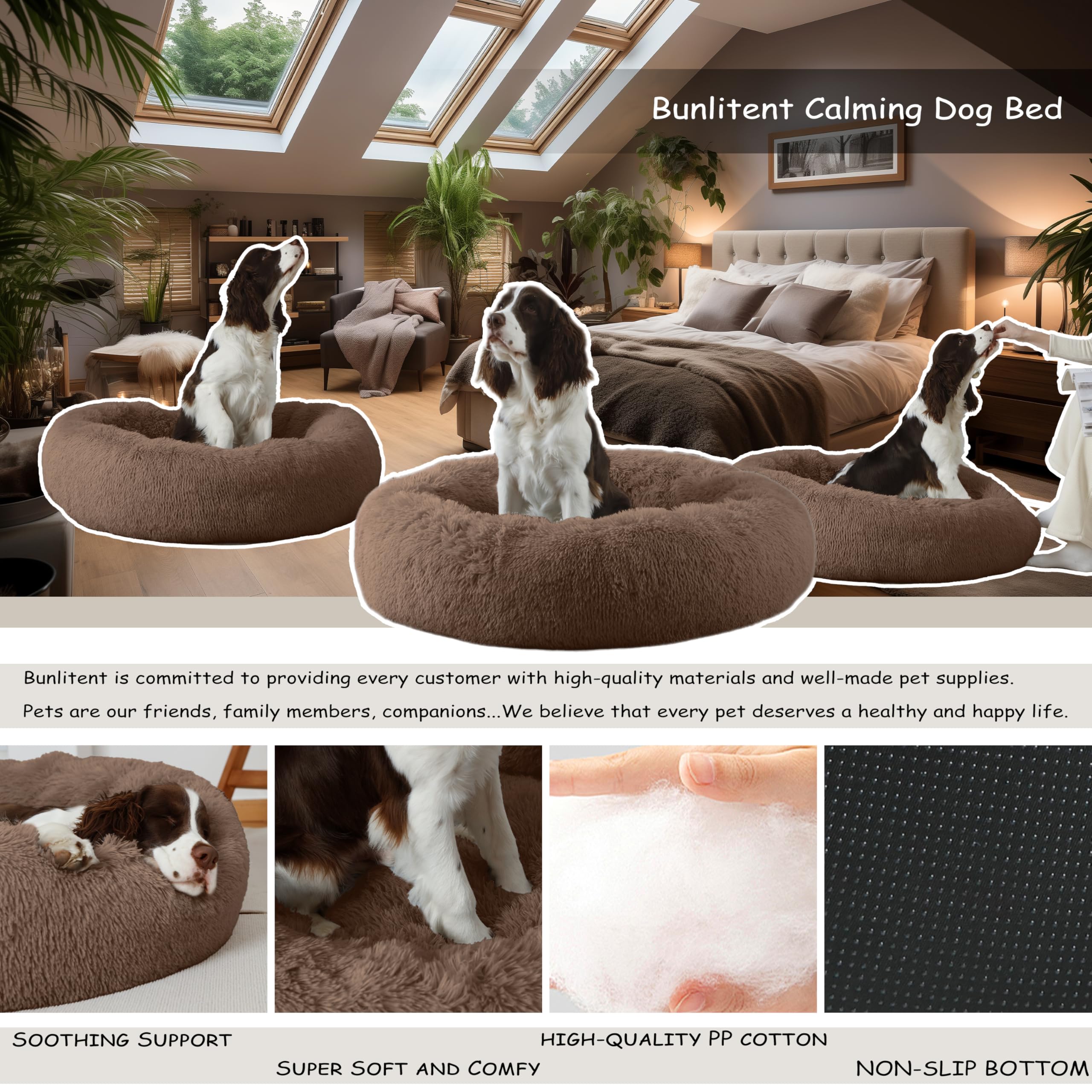 Bunlitent Calming Dog Bed, Plush Anti-Anxiety Donut, 39" Brown, Washable Marshmallow Cuddler Nest for Medium Large Dogs