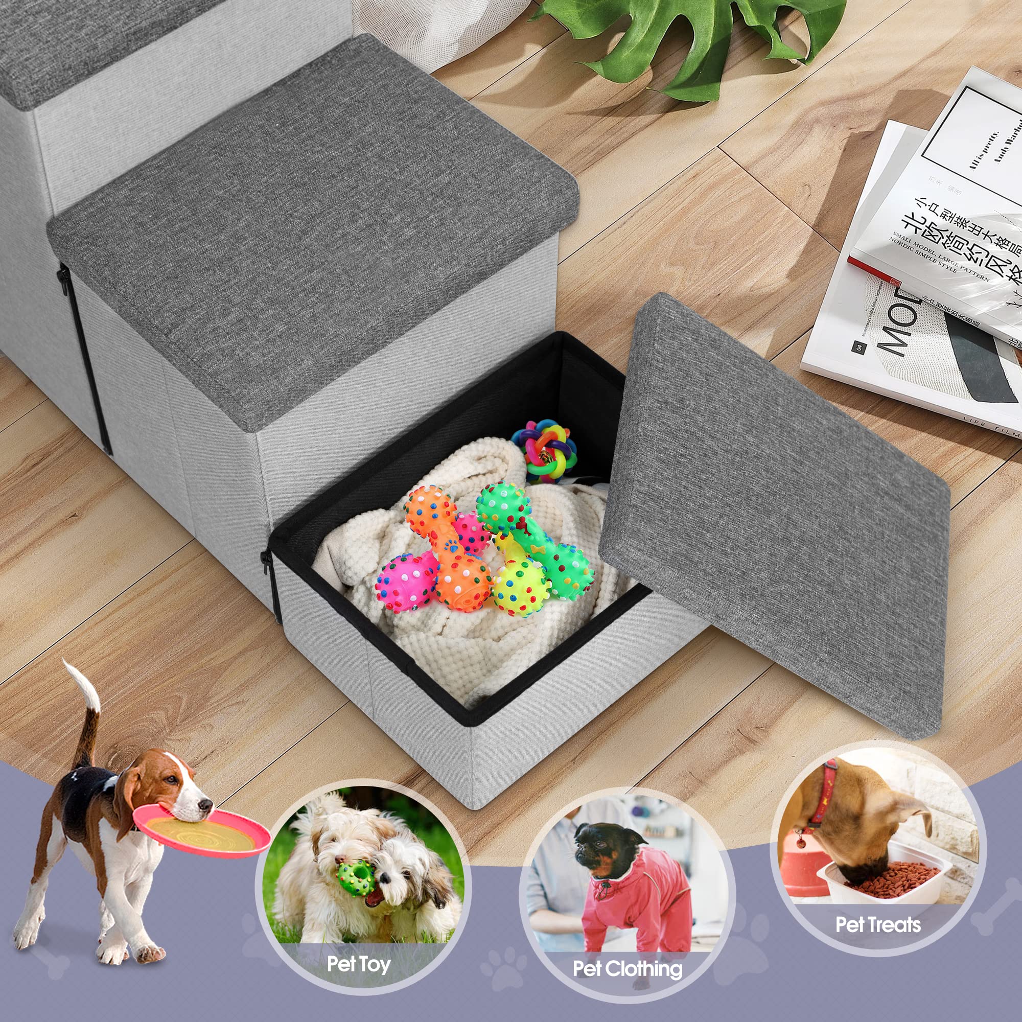 Heeyoo Dog Stairs with Storage, Foldable Dog Steps for Small Dogs, 3 Tiers Non-Slip Pet Stairs for High Beds Or Couch and Sofa,