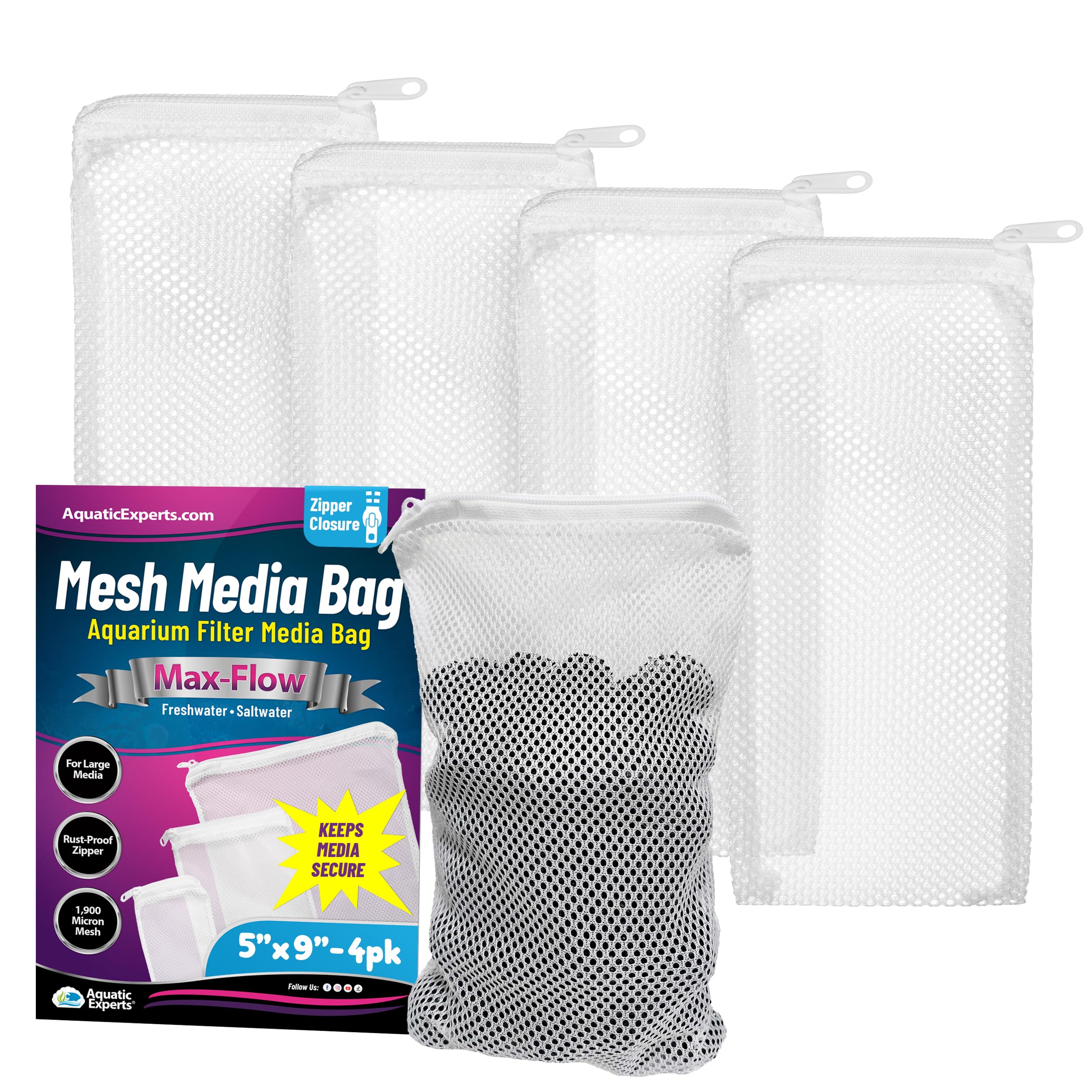 Aquatic Experts Max Flow Filter Media Bags - Secure Zipper Bags For Fish Tank, Aquarium And Pond, 5'' X 9'' - 4 Pack