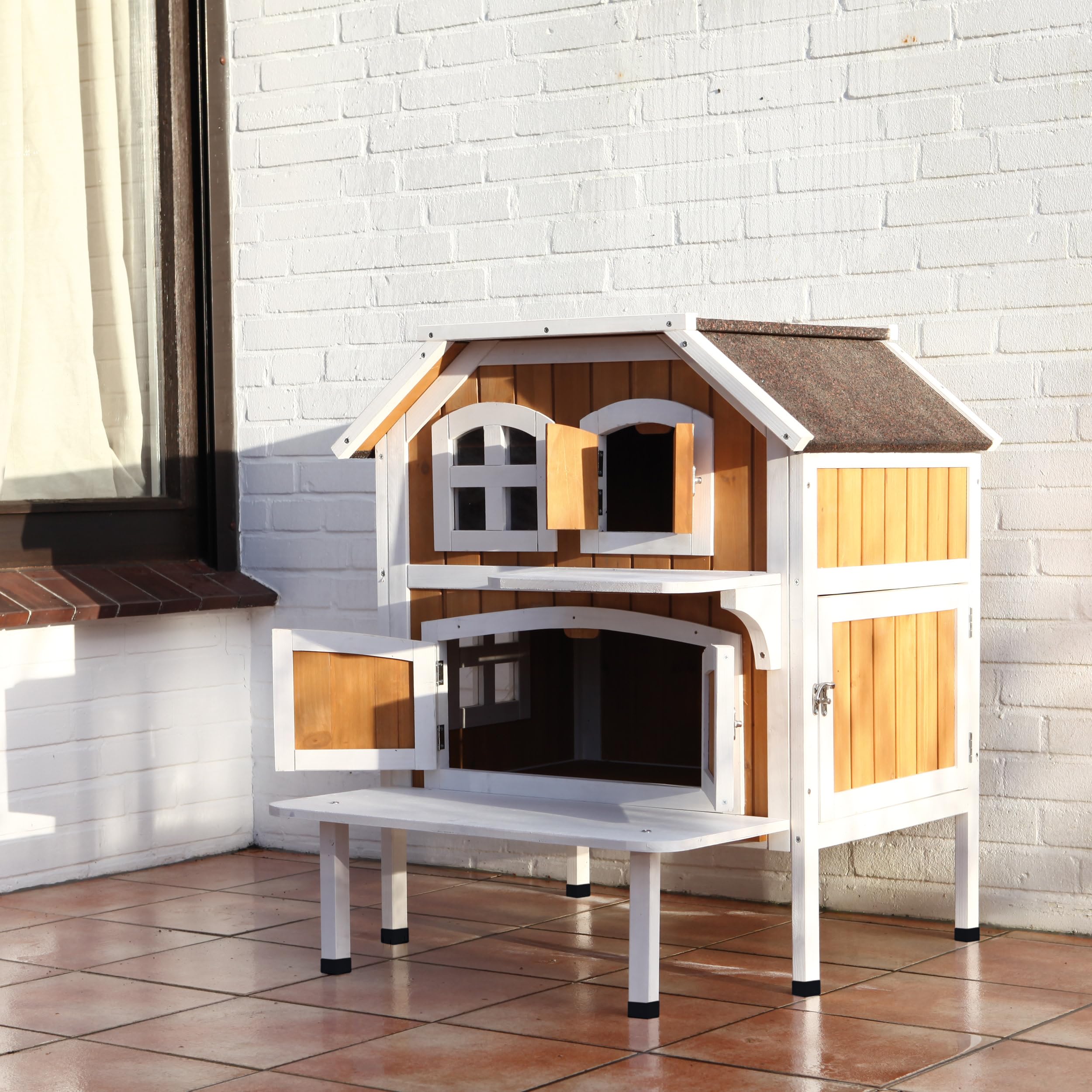 Trixie 'Welcome' Outdoor Cat House, Elevated-Weatherproof 2-Story Cat Home, Hinged Roof, Large Access Door, Indoor/Outdoor Shelt