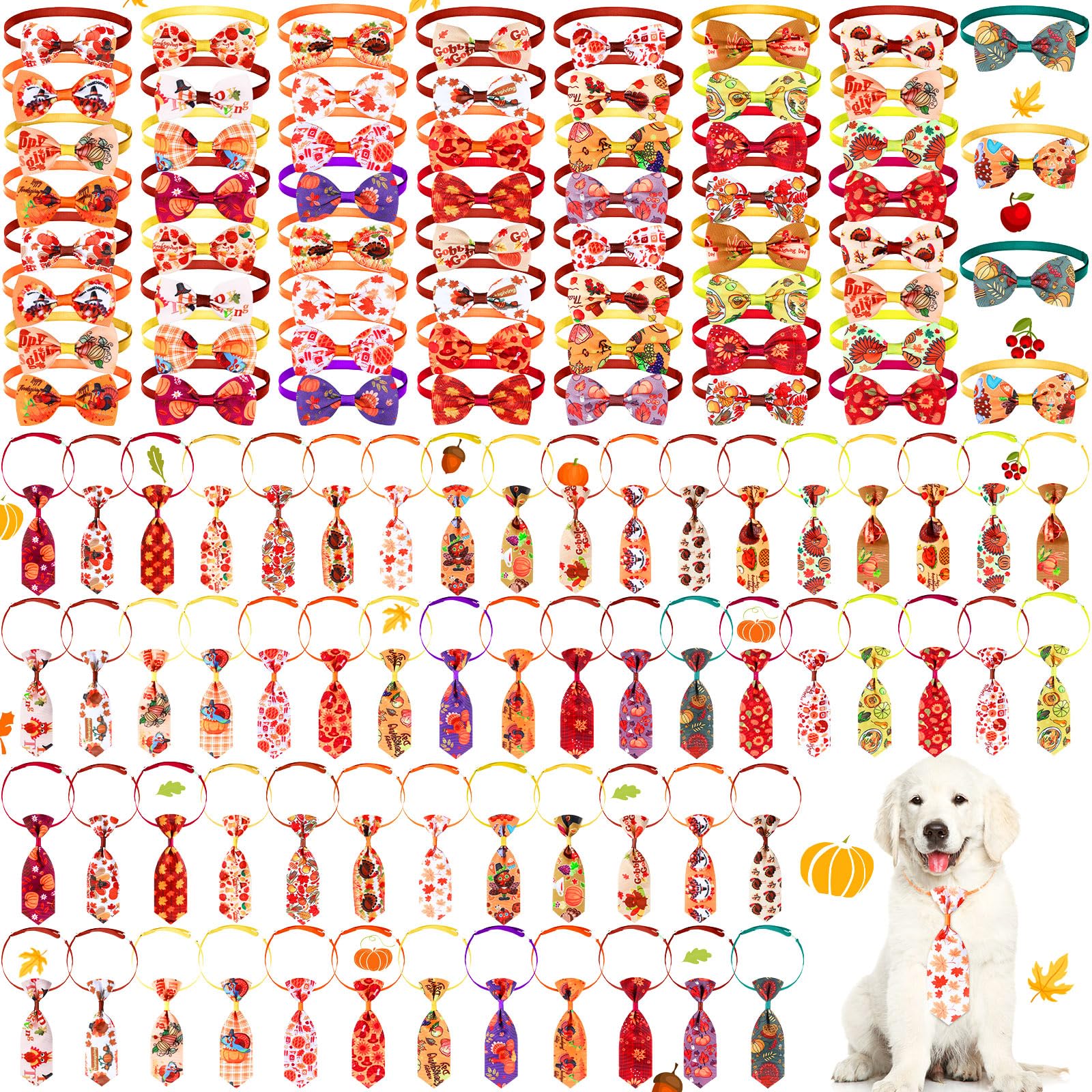 Eccliy 120 Pcs Fall Dog Bows Ties Collars Bulk For Small Large Dogs & Cats - Thanksgiving & Turkey Patterns